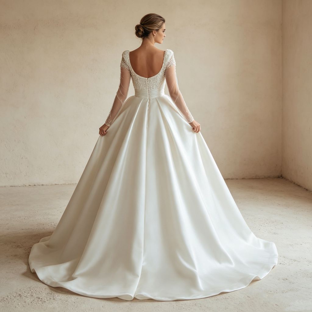 Voluminöse Satin-Ballrobe mit eleganten Ärmeln und skulpturalem Glanz