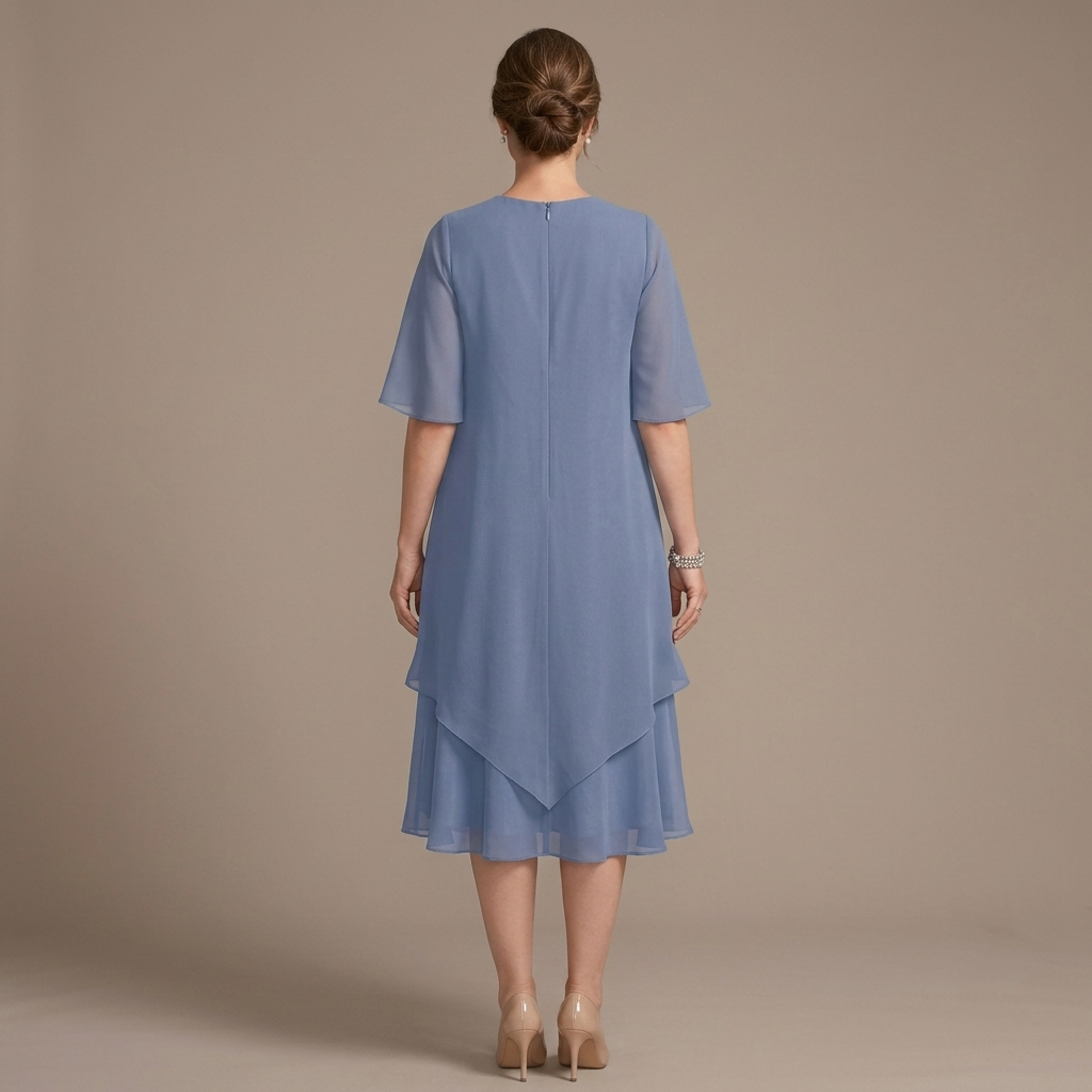 Fließendes Midi‑Festkleid für Damen, Rundhals, 3/4‑Ärmel, mehrschichtiger Rock