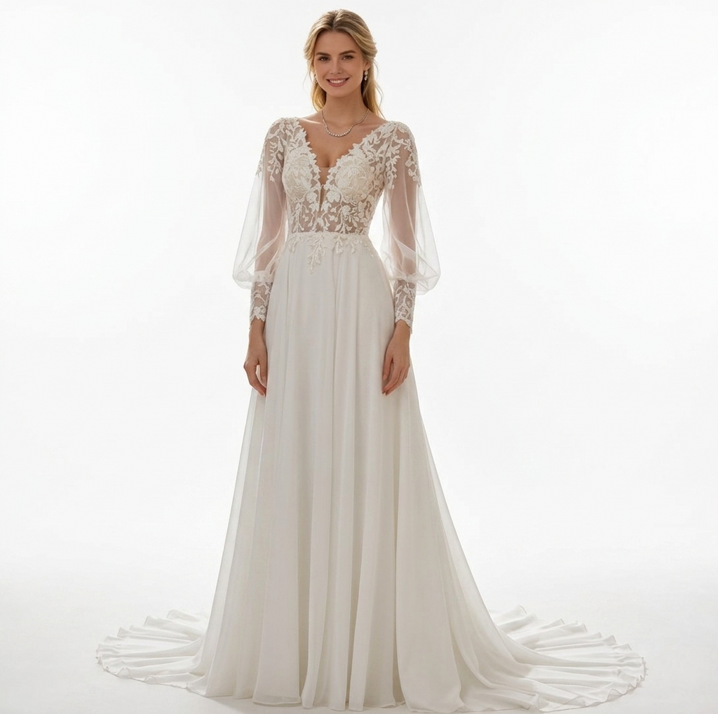 Elegantes weißes Maxikleid mit floraler Spitze und langen Puffärmeln, exklusives Abendkleid mit V-Ausschnitt und Schleppe