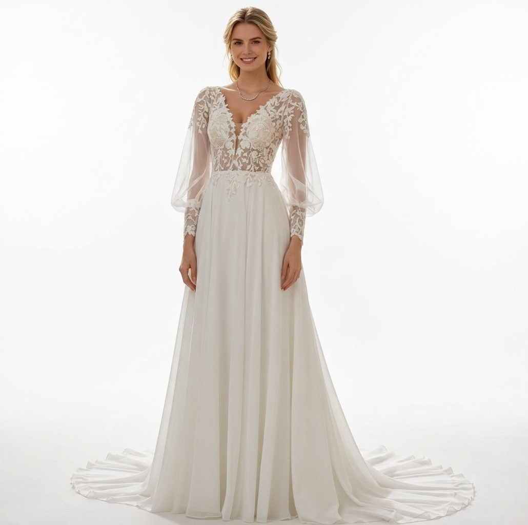 Elegantes weißes Maxikleid mit floraler Spitze und langen Puffärmeln, exklusives Abendkleid mit V-Ausschnitt und Schleppe