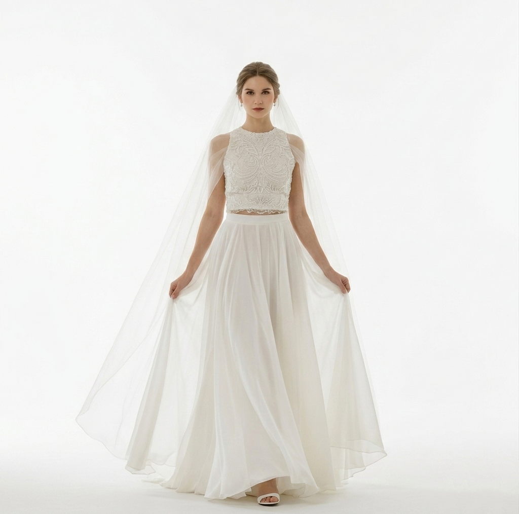 Zweiteiliges weißes Abendkleid mit besticktem Top und fließendem Maxirock, elegantes Set für festliche Anlässe