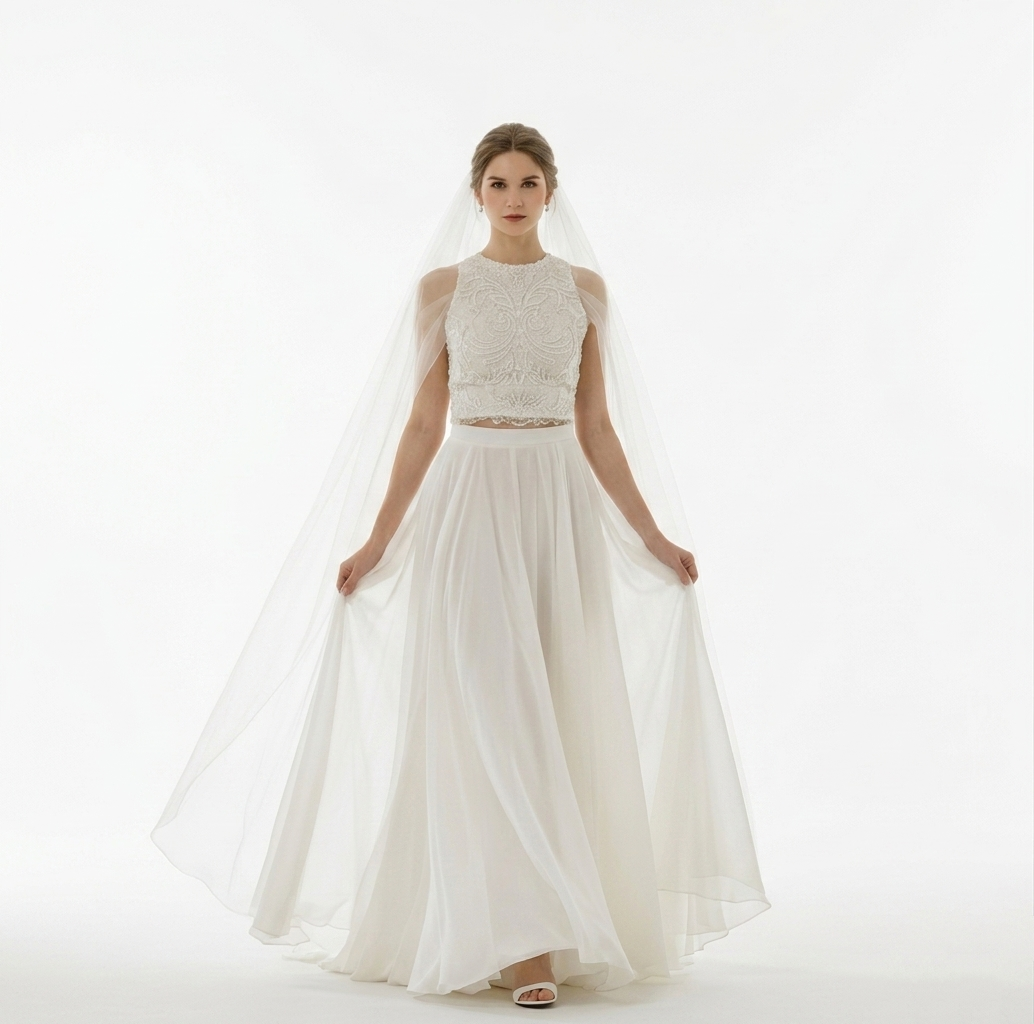 Zweiteiliges weißes Abendkleid mit besticktem Top und fließendem Maxirock, elegantes Set für festliche Anlässe