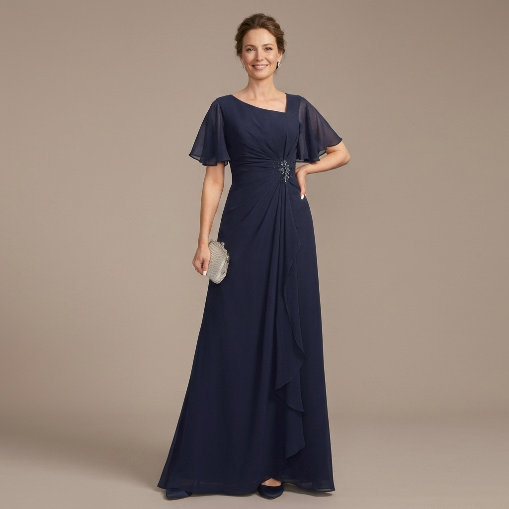 Langes festliches Kleid für Damen, Schmetterlingsärmel, Steinbesatz an der Taille