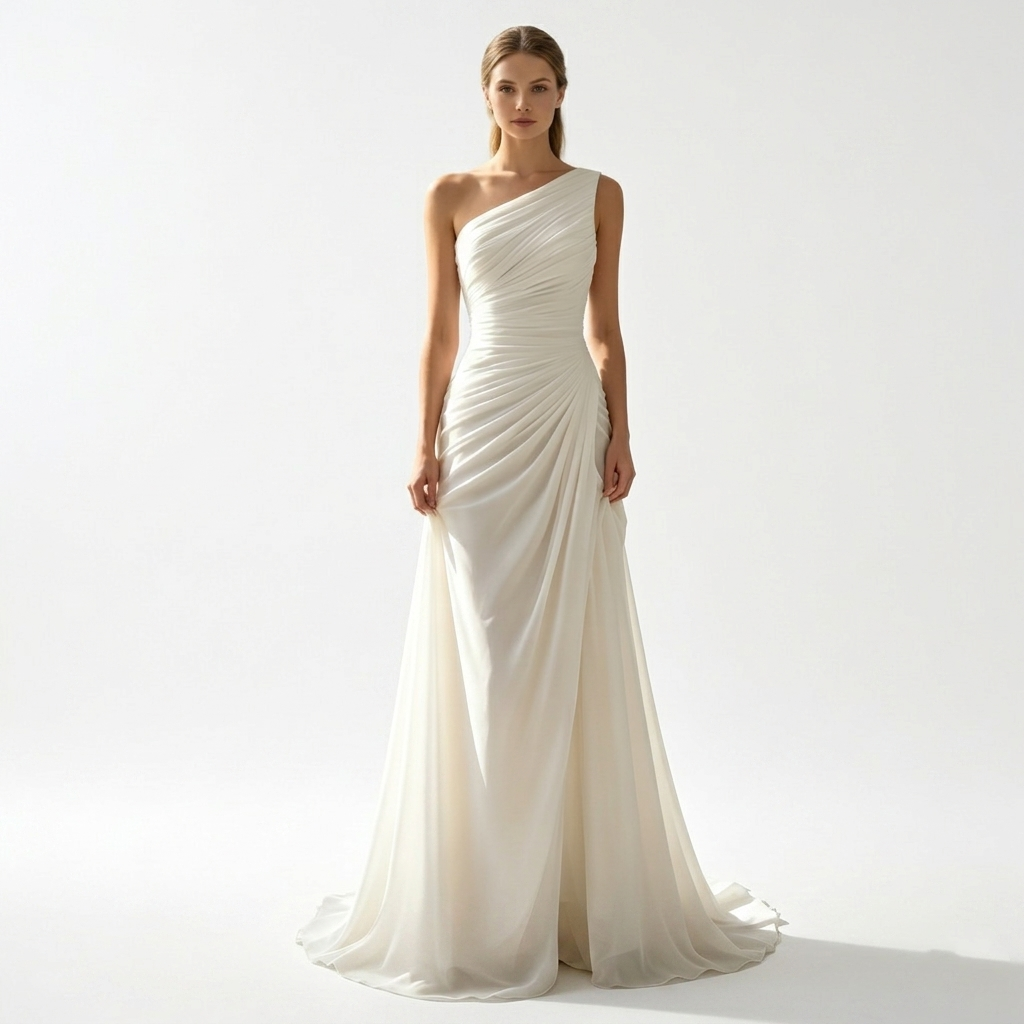 Moderne Couture in Reinweiß: Figurbetontes Meerjungfrau-Kleid mit Karree-Ausschnitt und eleganter Pinsel-Schleppe