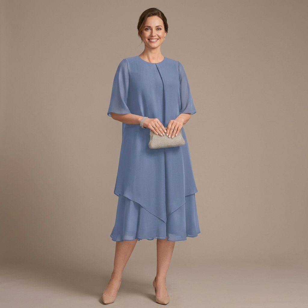 Fließendes Midi‑Festkleid für Damen, Rundhals, 3/4‑Ärmel, mehrschichtiger Rock