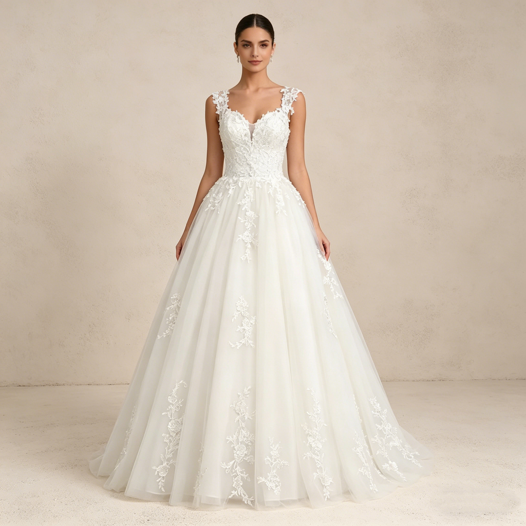 Ärmelloses Maxikleid in Prinzessin-Silhouette mit V-Ausschnitt und Spitzen-Applikationen – Bodenlanges Abendkleid in Elfenbein