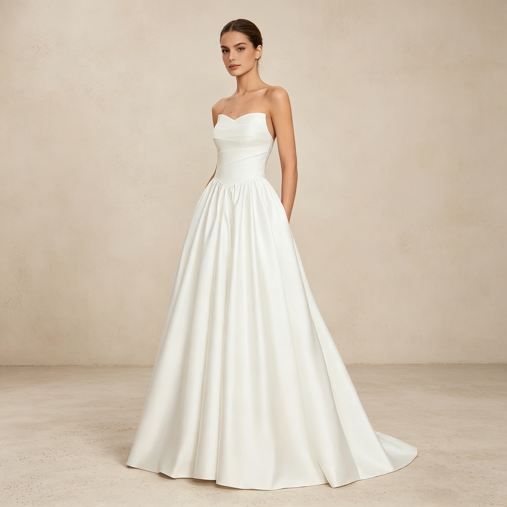 Trägerloses Maxikleid mit Herz-Ausschnitt und weitem Rock – Elegantes Satin-Abendkleid in Reinweiß