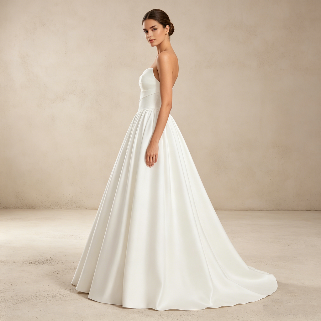 Trägerloses Maxikleid mit Herz-Ausschnitt und weitem Rock – Elegantes Satin-Abendkleid in Reinweiß