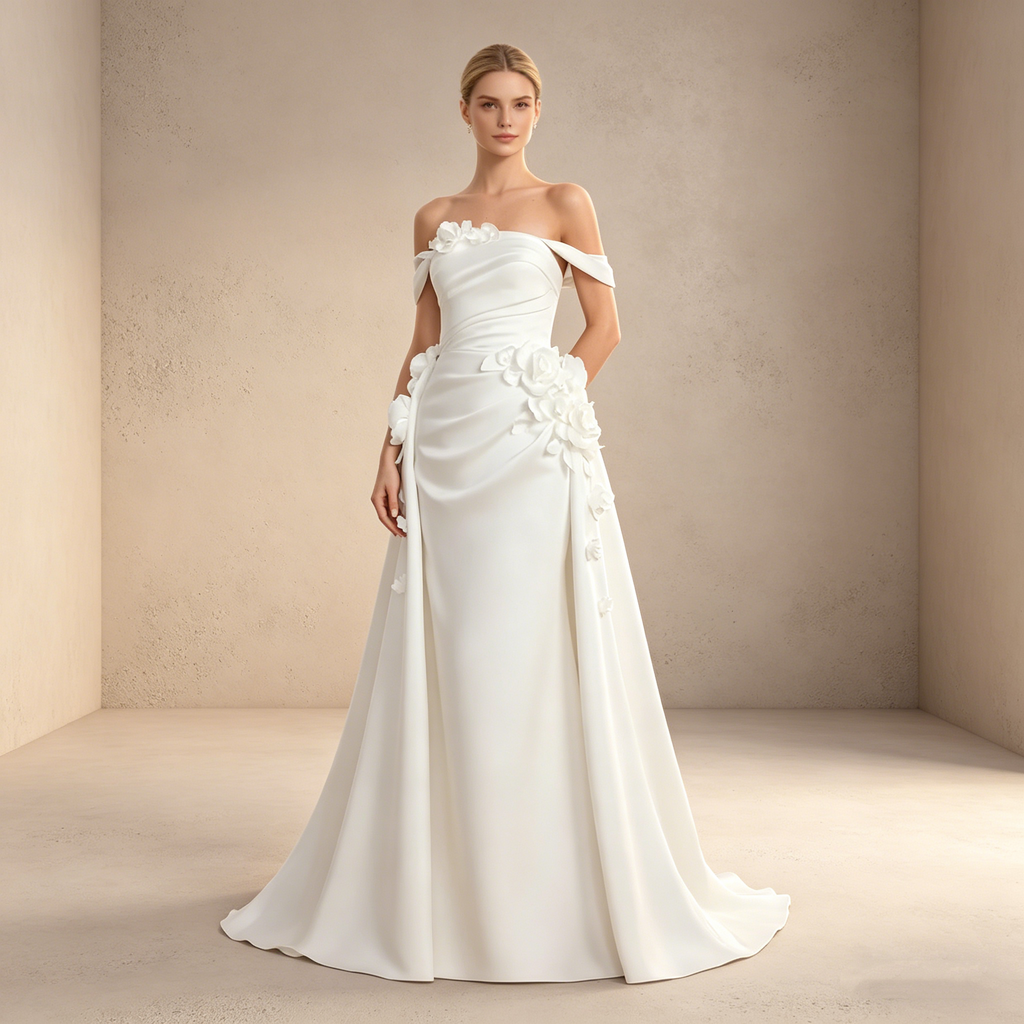 Schulterfreies Maxikleid mit 3D-Blüten und drapierter Silhouette – Elegantes Satin-Abendkleid in Elfenbeinfarbe