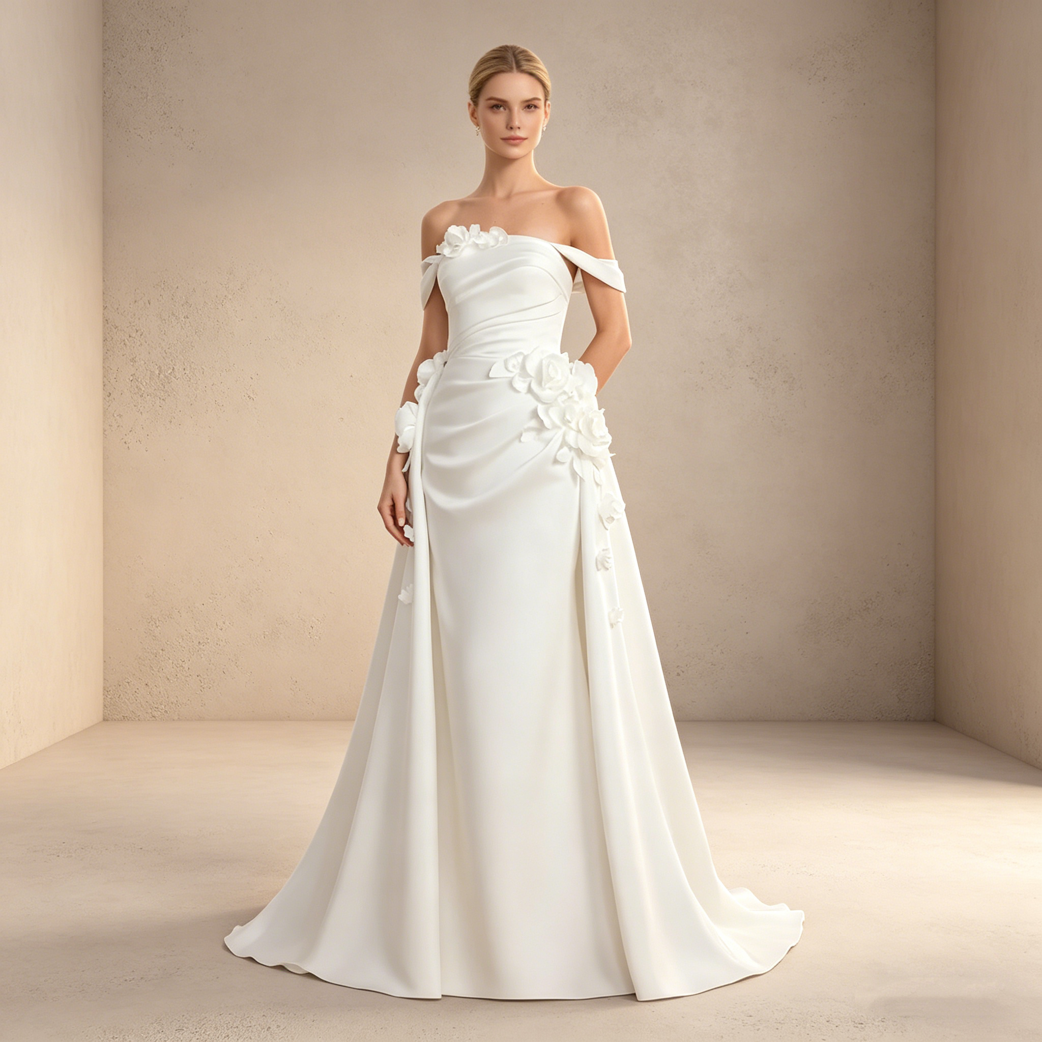 Schulterfreies Maxikleid mit 3D-Blüten und drapierter Silhouette – Elegantes Satin-Abendkleid in Elfenbeinfarbe