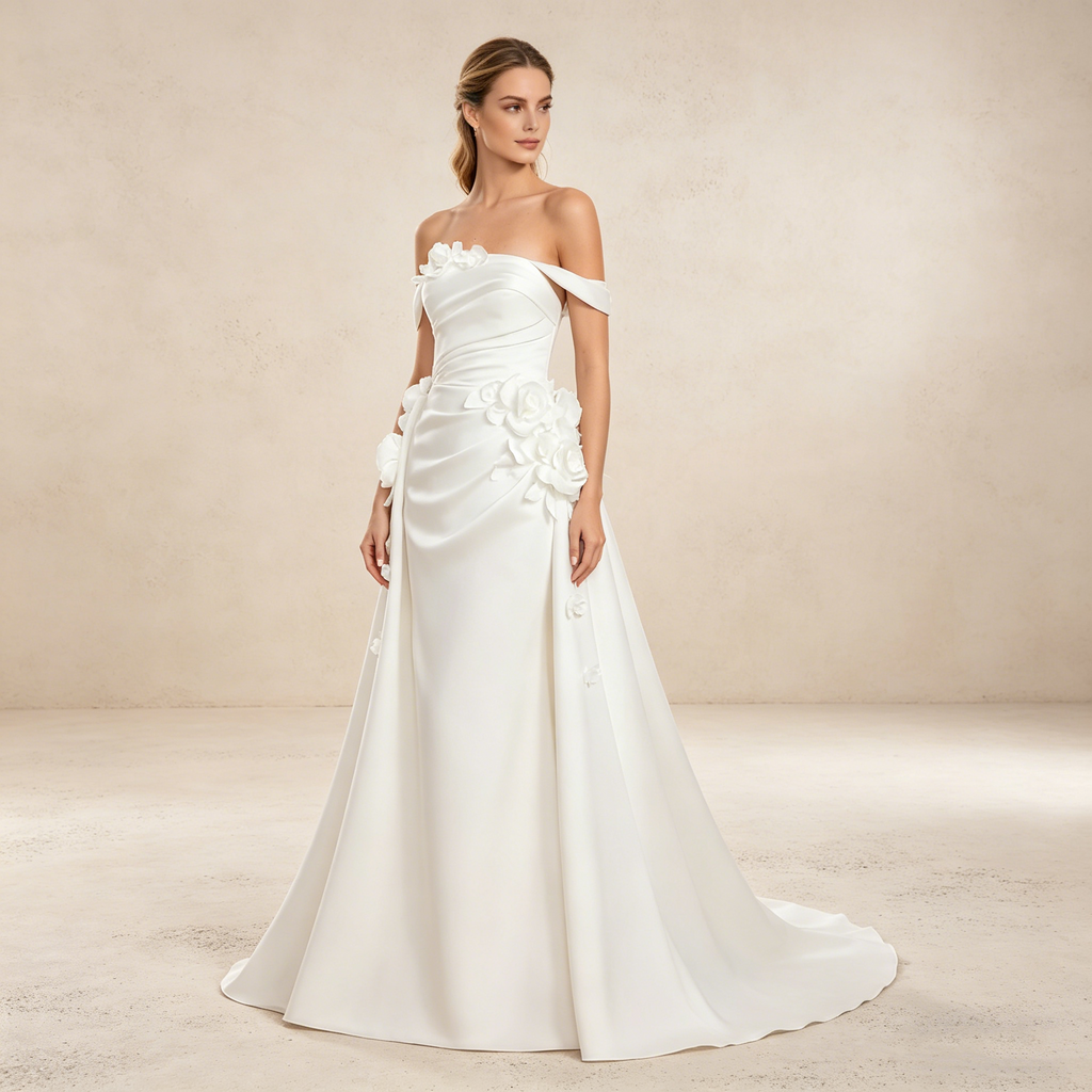 Schulterfreies Maxikleid mit 3D-Blüten und drapierter Silhouette – Elegantes Satin-Abendkleid in Elfenbeinfarbe