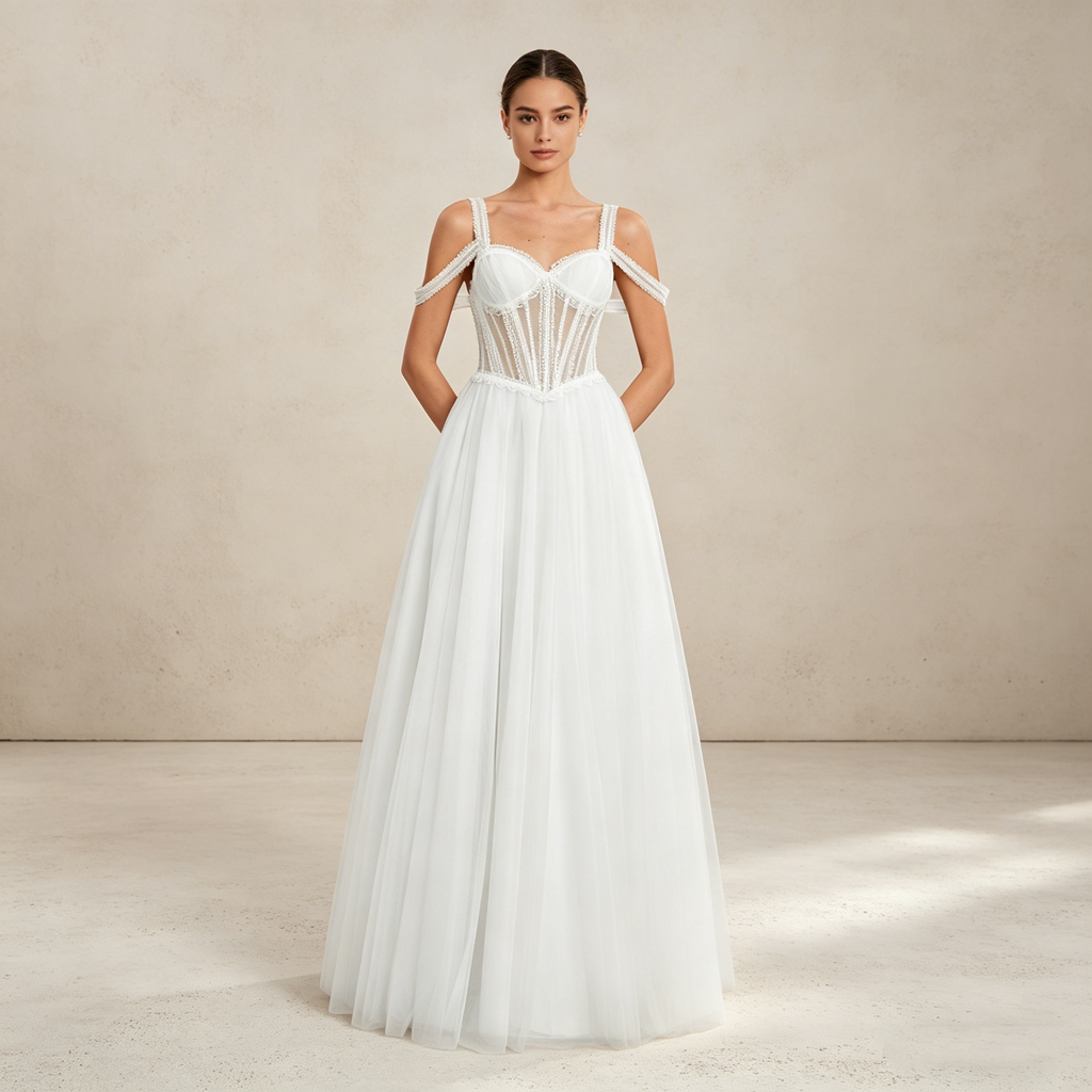 Elegantes Etuikleid mit Spitzenbesatz und Schleppe – Figurbetontes Maxikleid in Elfenbeinfarben
