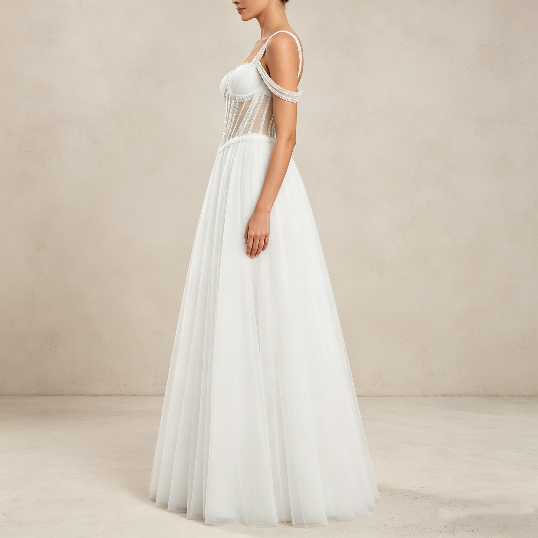 Elegantes Etuikleid mit Spitzenbesatz und Schleppe – Figurbetontes Maxikleid in Elfenbeinfarben