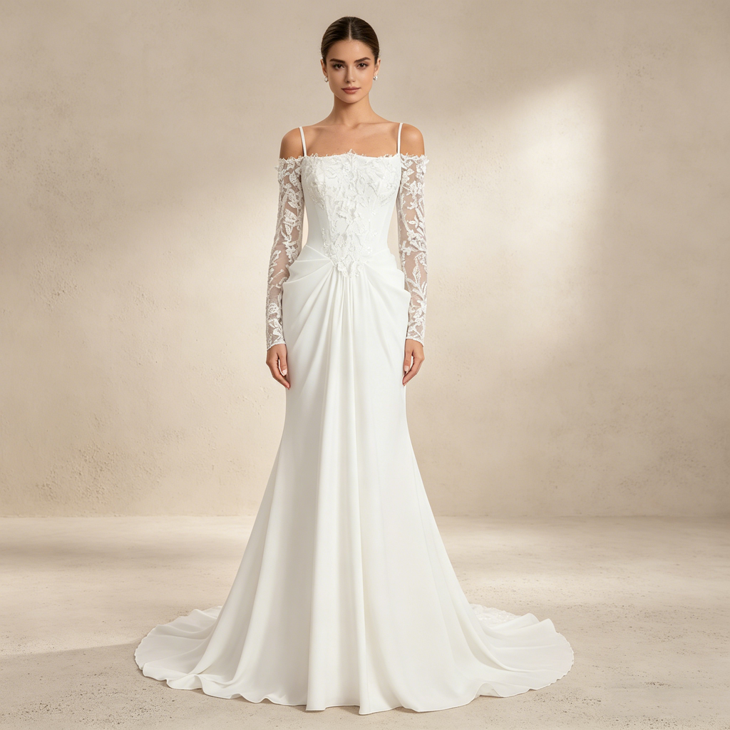Langärmeliges Maxikleid mit Korsett-Oberteil und floraler Spitze – Elegantes Abendkleid in Elfenbein
