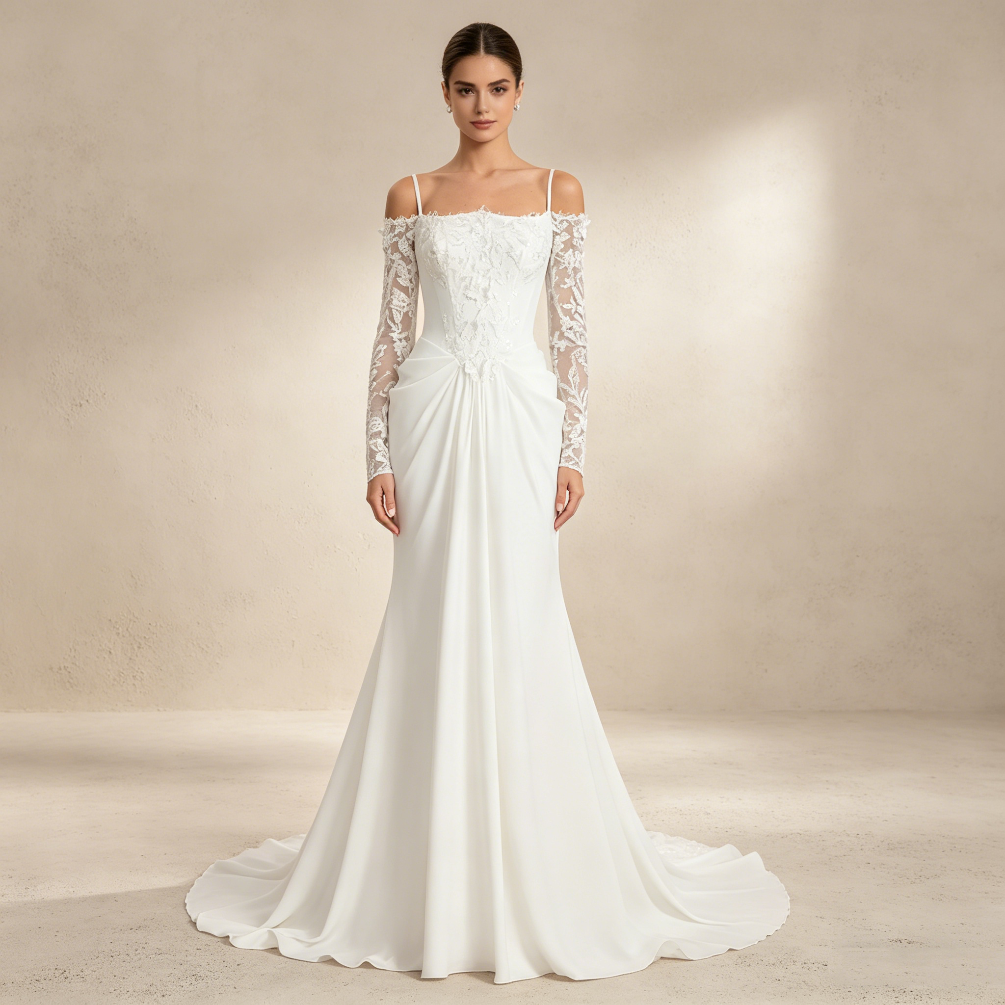 Langärmeliges Maxikleid mit Korsett-Oberteil und floraler Spitze – Elegantes Abendkleid in Elfenbein