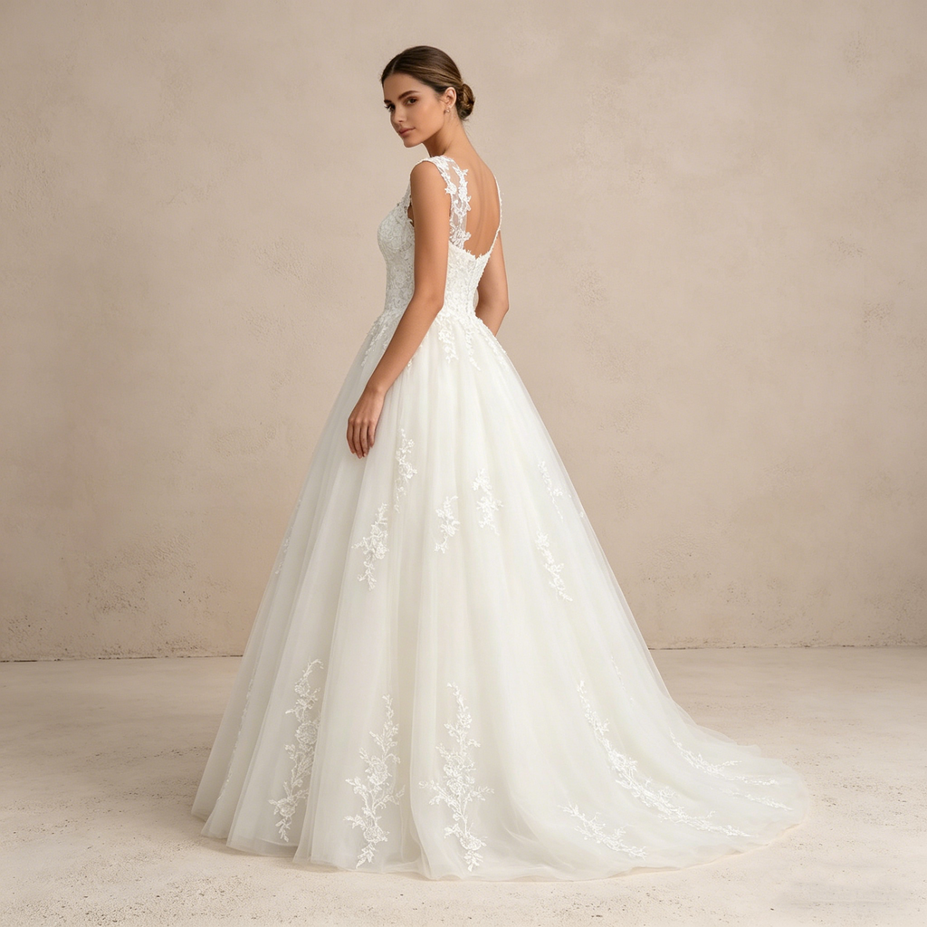 Ärmelloses Maxikleid in Prinzessin-Silhouette mit V-Ausschnitt und Spitzen-Applikationen – Bodenlanges Abendkleid in Elfenbein