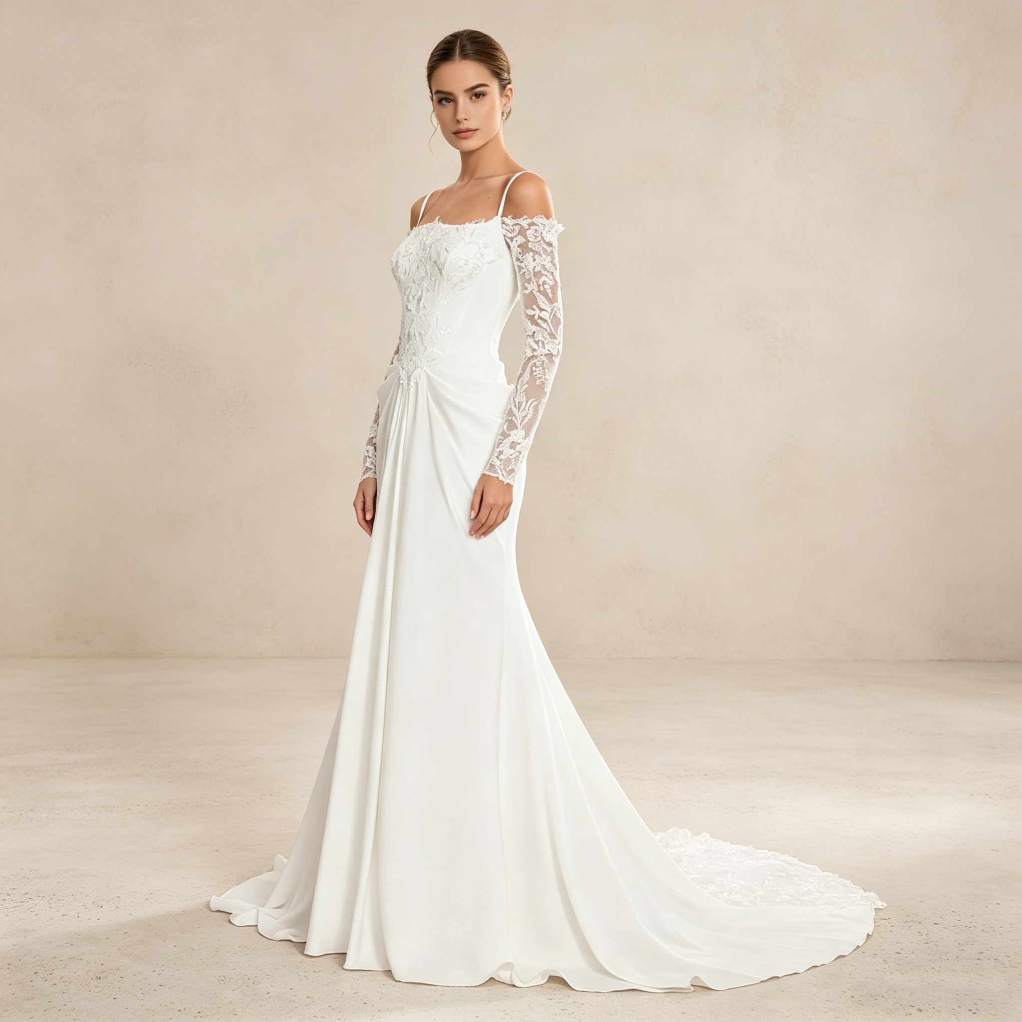 Langärmeliges Maxikleid mit Korsett-Oberteil und floraler Spitze – Elegantes Abendkleid in Elfenbein