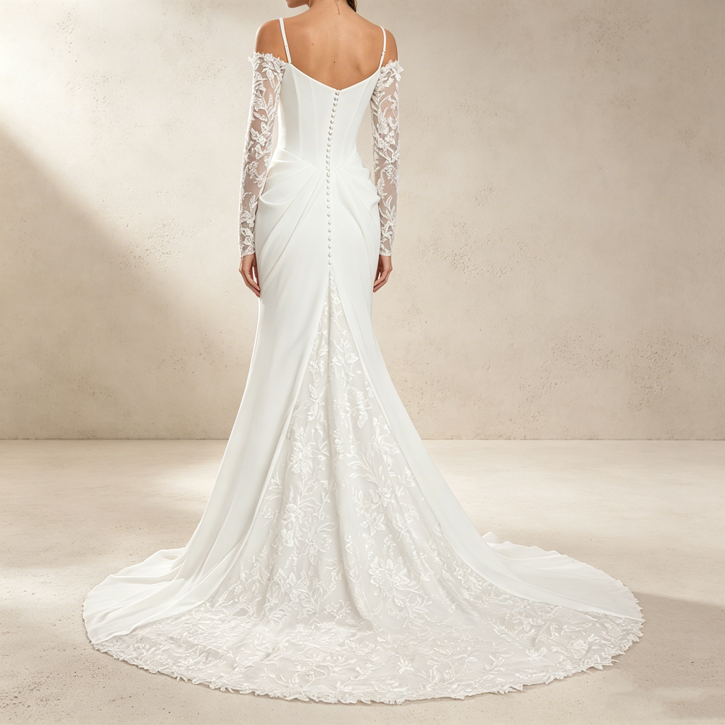 Langärmeliges Maxikleid mit Korsett-Oberteil und floraler Spitze – Elegantes Abendkleid in Elfenbein