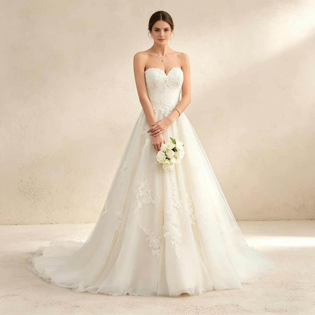 Elegantes Maxikleid in A-Linie mit Herz-Ausschnitt und floraler Spitze – Bodenlanges Abendkleid in Elfenbeinfarbe