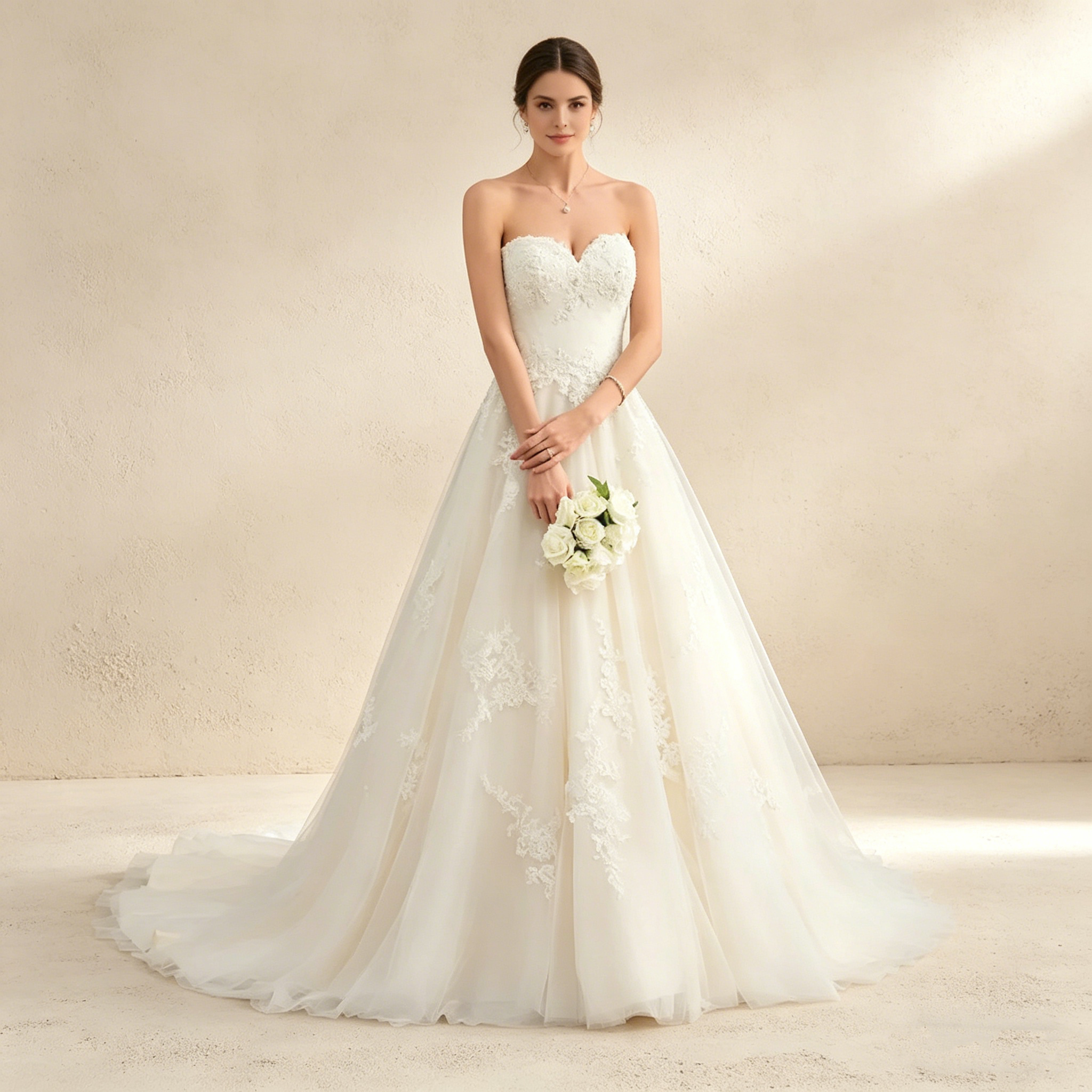 Elegantes Maxikleid in A-Linie mit Herz-Ausschnitt und floraler Spitze – Bodenlanges Abendkleid in Elfenbeinfarbe