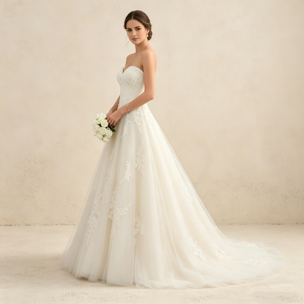 Elegantes Maxikleid in A-Linie mit Herz-Ausschnitt und floraler Spitze – Bodenlanges Abendkleid in Elfenbeinfarbe