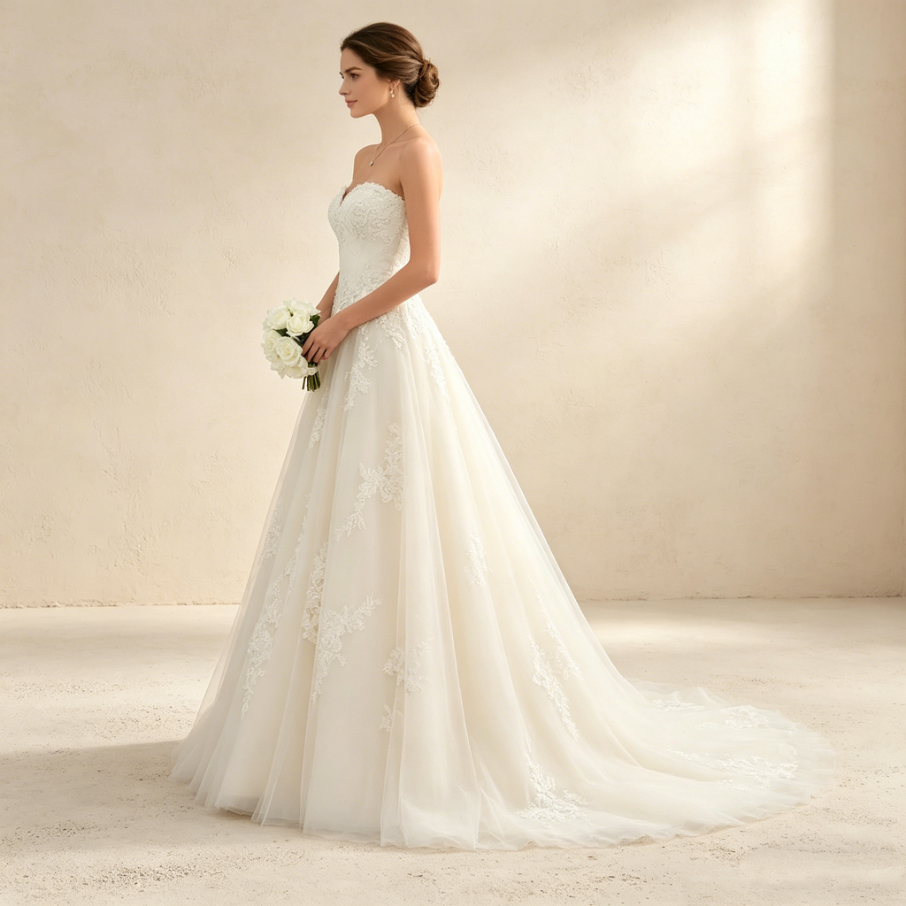 Elegantes Maxikleid in A-Linie mit Herz-Ausschnitt und floraler Spitze – Bodenlanges Abendkleid in Elfenbeinfarbe