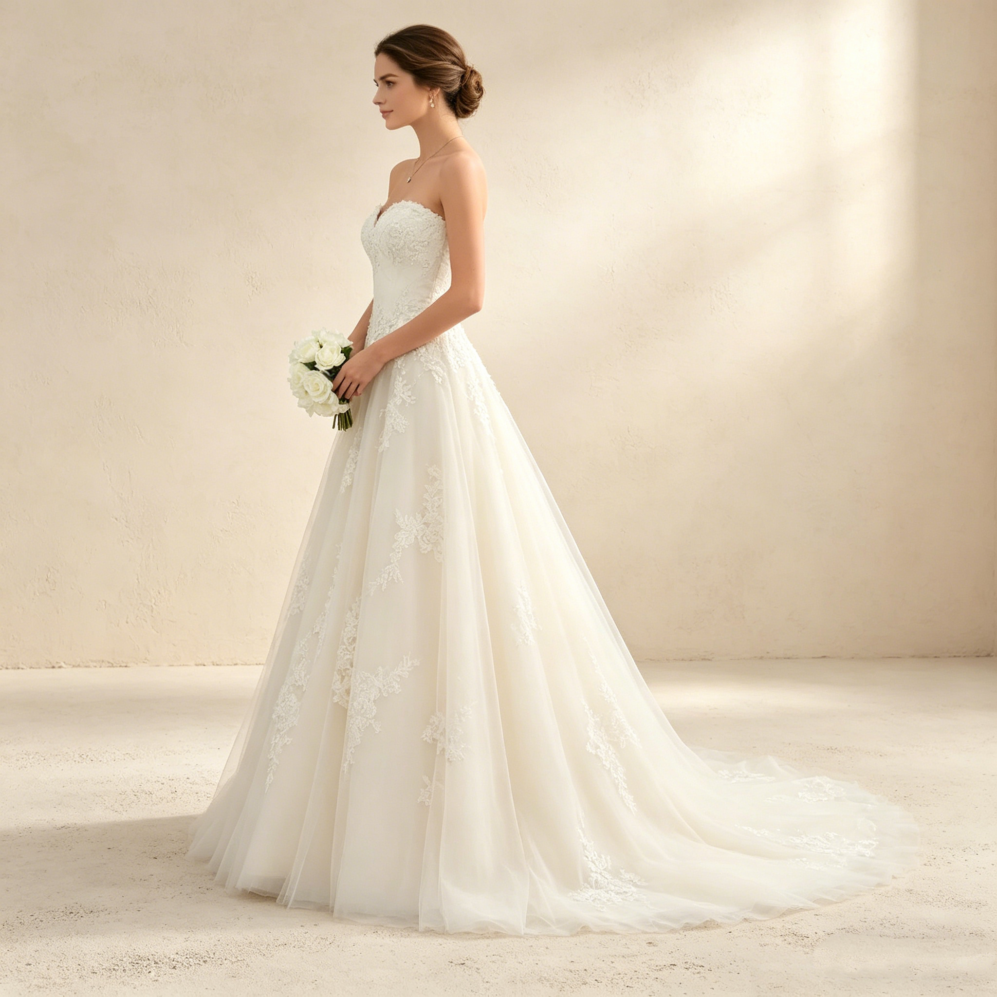 Elegantes Maxikleid in A-Linie mit Herz-Ausschnitt und floraler Spitze – Bodenlanges Abendkleid in Elfenbeinfarbe