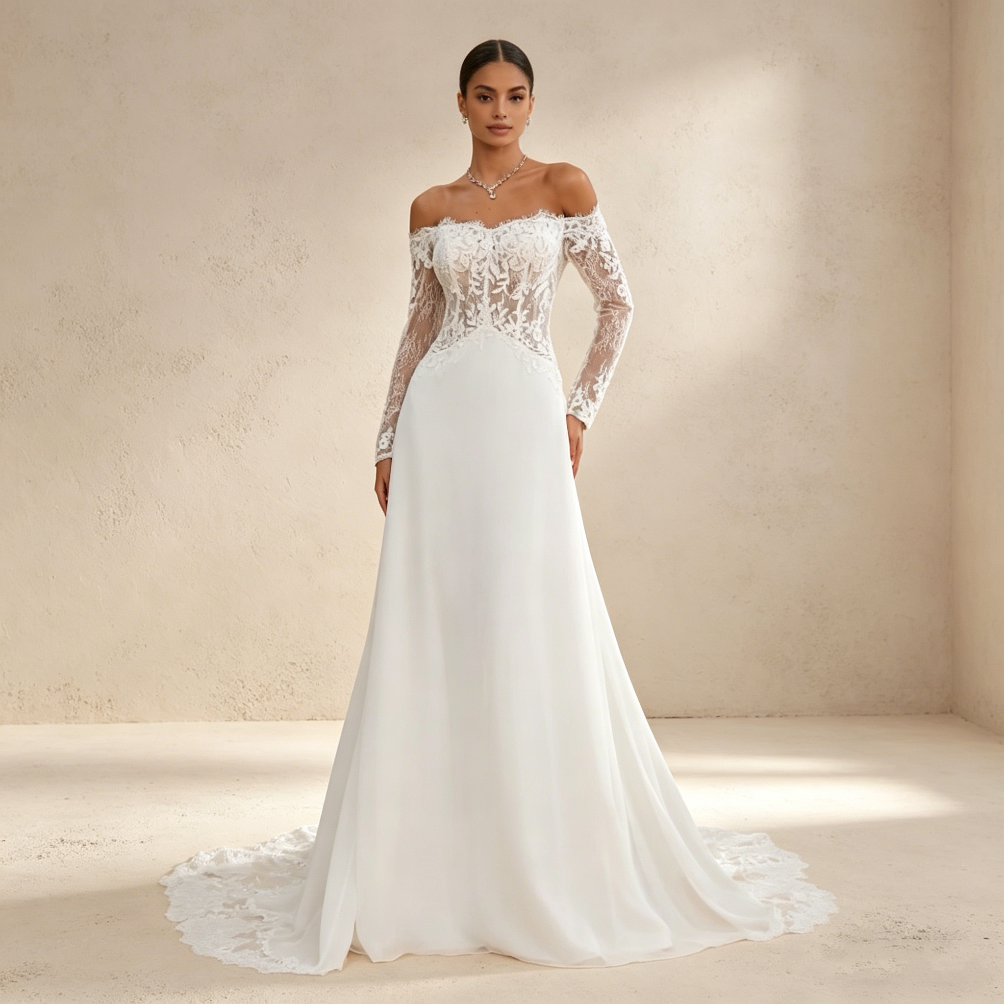 Langärmeliges Off-Shoulder Maxikleid mit floraler Spitze – Elegantes Abendkleid mit Korsett-Oberteil in Elfenbein