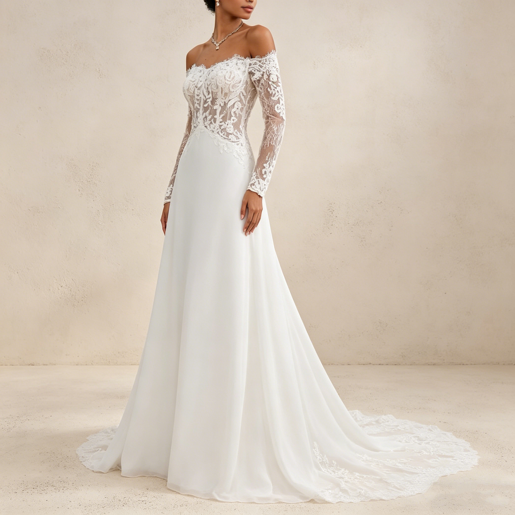 Langärmeliges Off-Shoulder Maxikleid mit floraler Spitze – Elegantes Abendkleid mit Korsett-Oberteil in Elfenbein