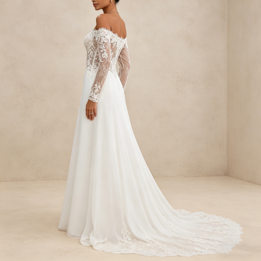 Langärmeliges Off-Shoulder Maxikleid mit floraler Spitze – Elegantes Abendkleid mit Korsett-Oberteil in Elfenbein