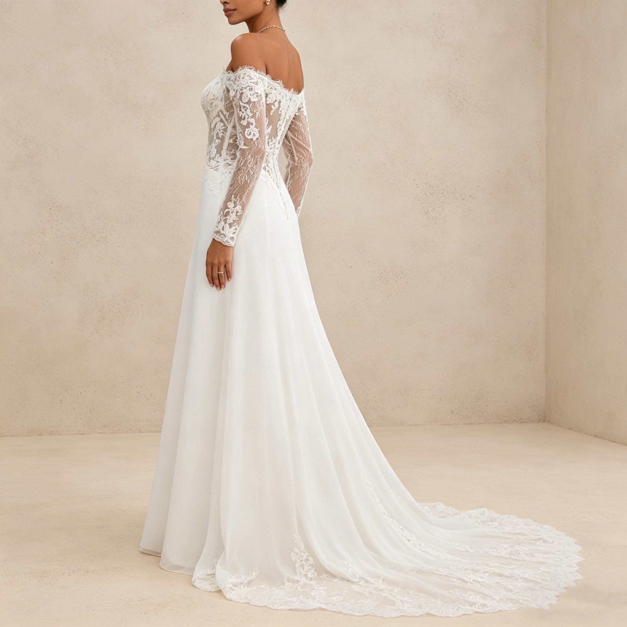 Langärmeliges Off-Shoulder Maxikleid mit floraler Spitze – Elegantes Abendkleid mit Korsett-Oberteil in Elfenbein