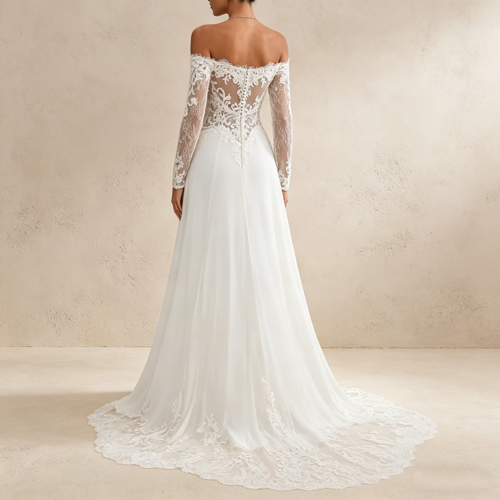 Langärmeliges Off-Shoulder Maxikleid mit floraler Spitze – Elegantes Abendkleid mit Korsett-Oberteil in Elfenbein