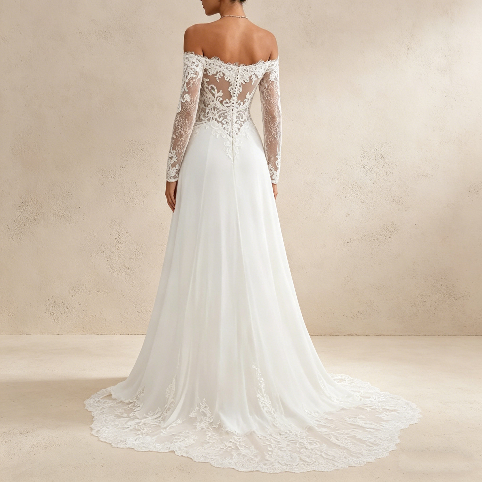 Langärmeliges Off-Shoulder Maxikleid mit floraler Spitze – Elegantes Abendkleid mit Korsett-Oberteil in Elfenbein