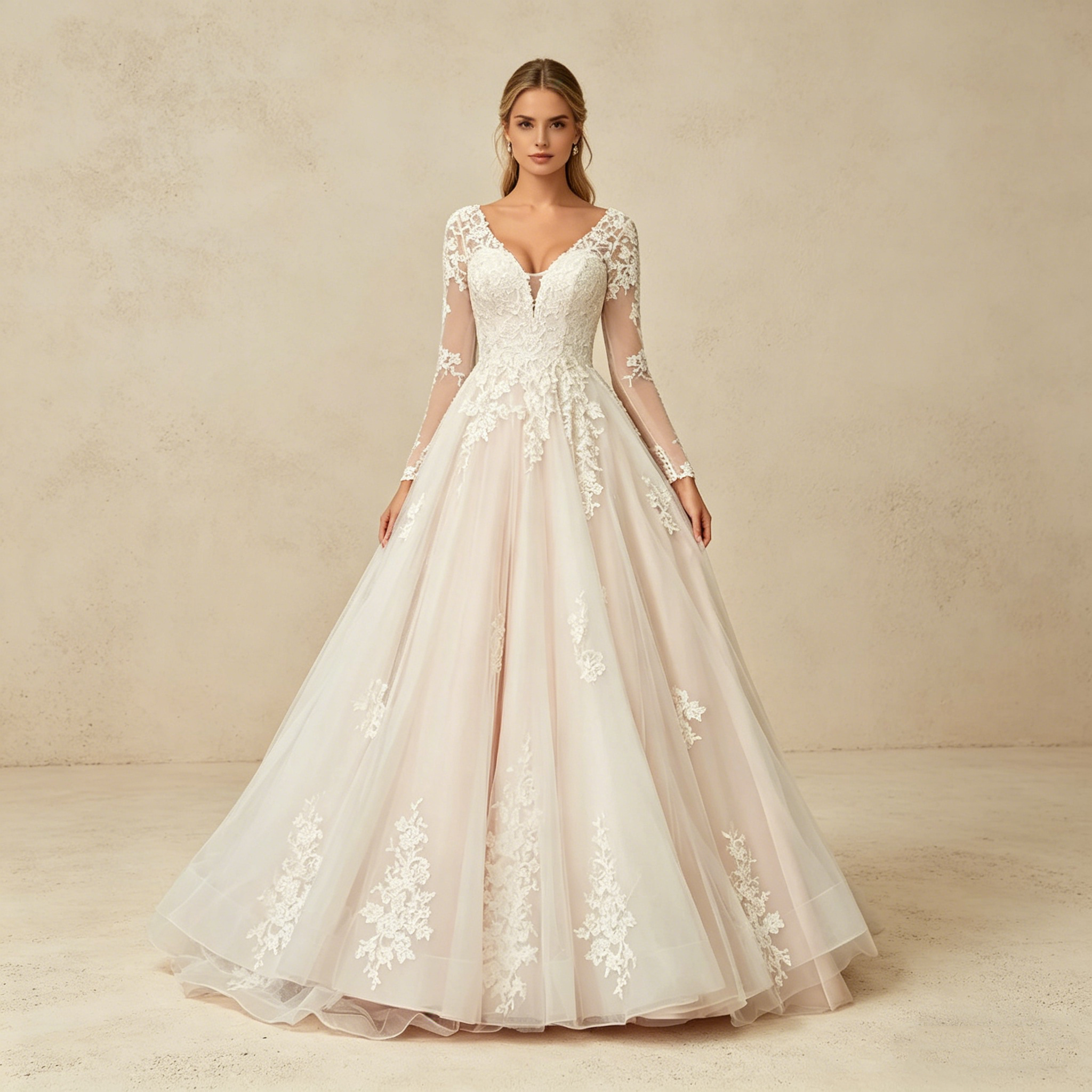 Elegantes Maxikleid mit V-Ausschnitt und floraler Spitze – Langärmeliges Abendkleid in Prinzessin-Silhouette
