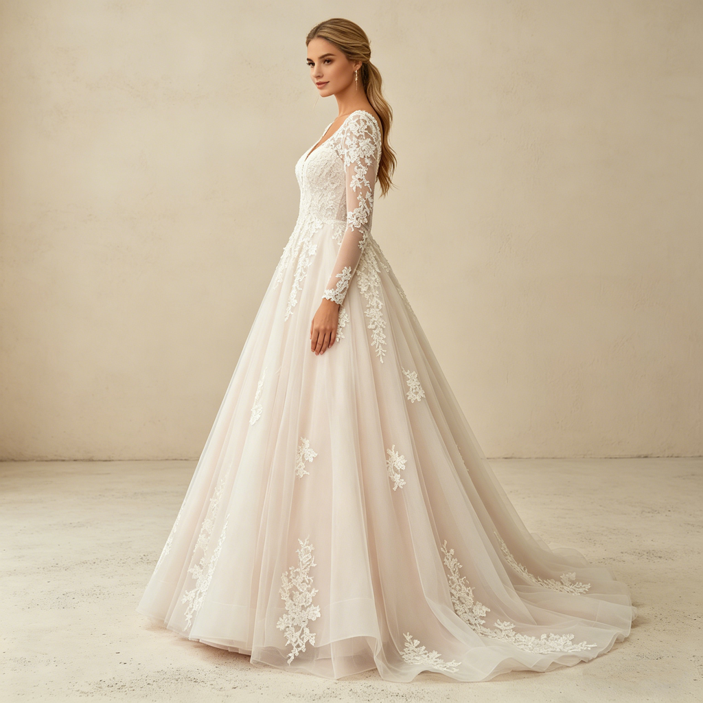 Elegantes Maxikleid mit V-Ausschnitt und floraler Spitze – Langärmeliges Abendkleid in Prinzessin-Silhouette