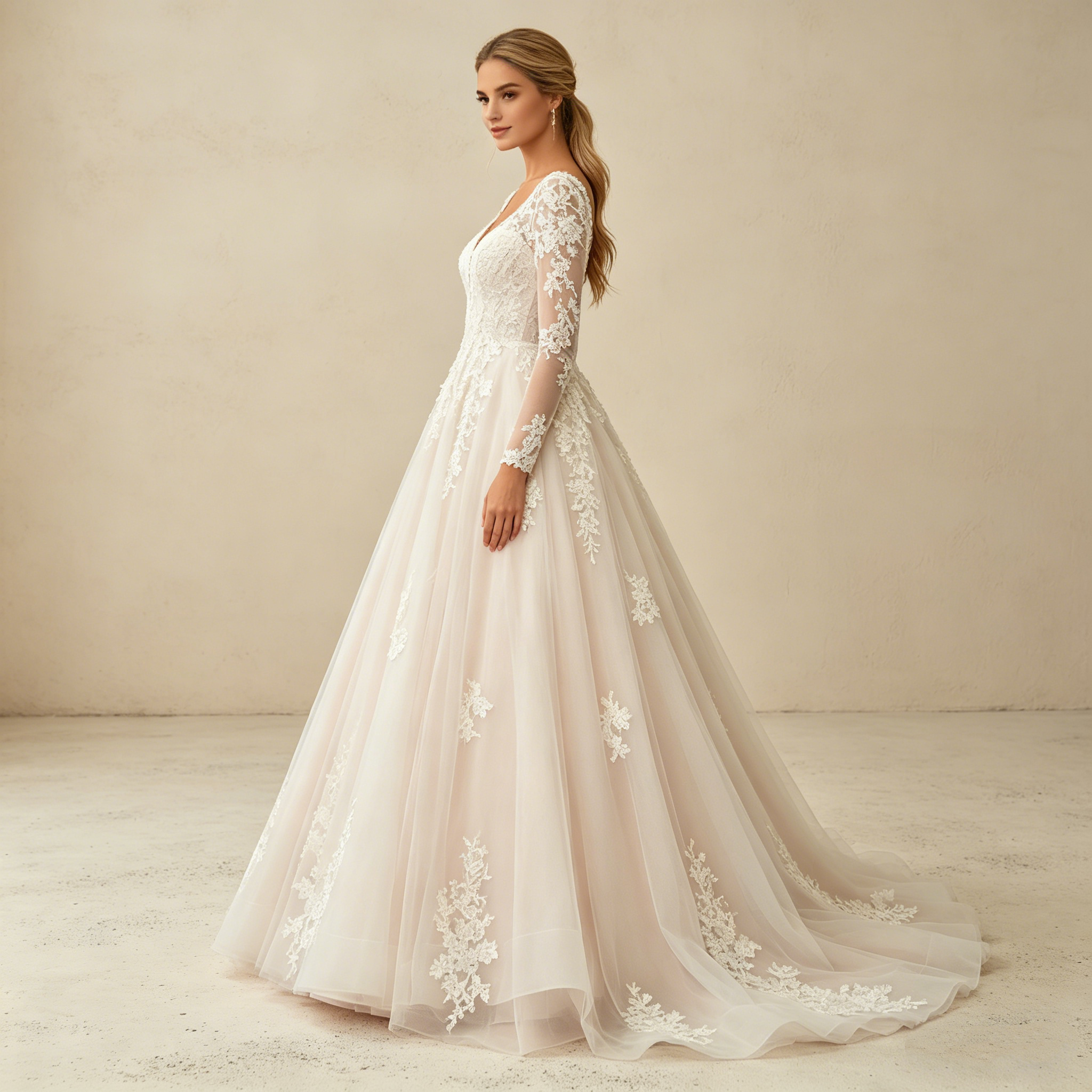 Elegantes Maxikleid mit V-Ausschnitt und floraler Spitze – Langärmeliges Abendkleid in Prinzessin-Silhouette