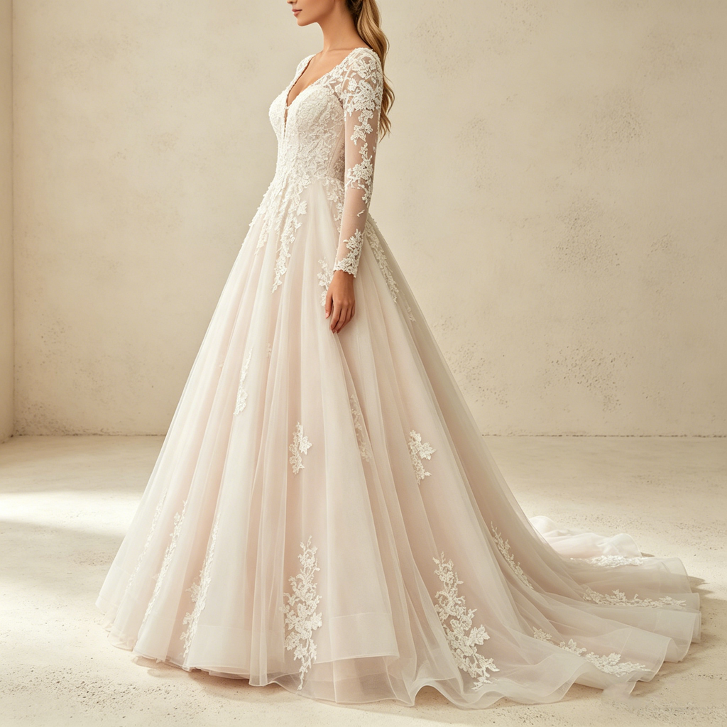 Elegantes Maxikleid mit V-Ausschnitt und floraler Spitze – Langärmeliges Abendkleid in Prinzessin-Silhouette