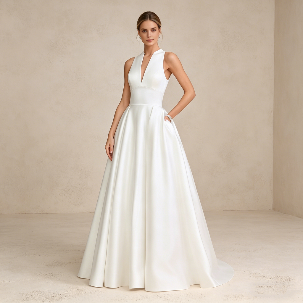 Minimalistisches Satin-Maxikleid mit V-Ausschnitt und Taschen – Elegantes Abendkleid in A-Linie (Reinweiß)
