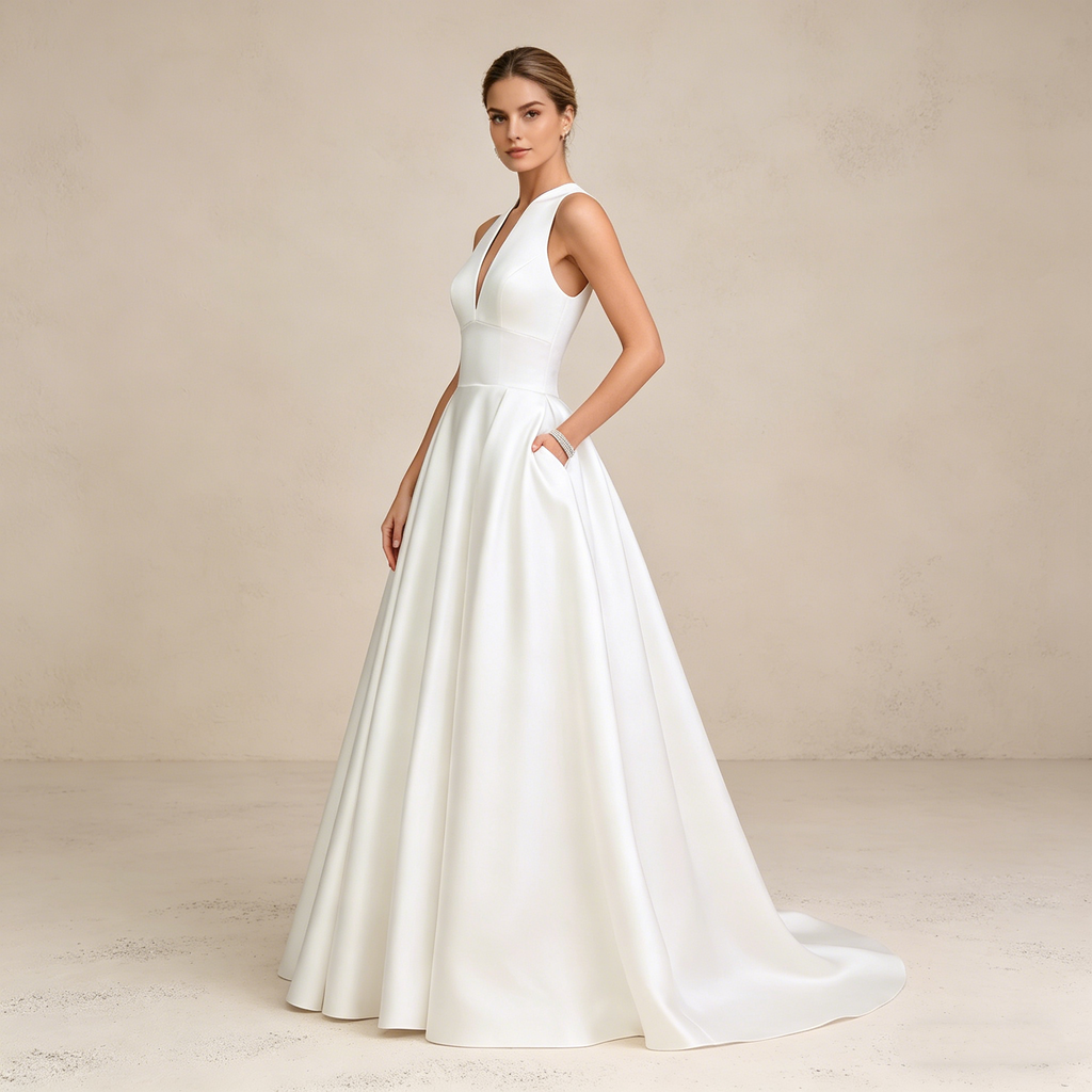 Minimalistisches Satin-Maxikleid mit V-Ausschnitt und Taschen – Elegantes Abendkleid in A-Linie (Reinweiß)