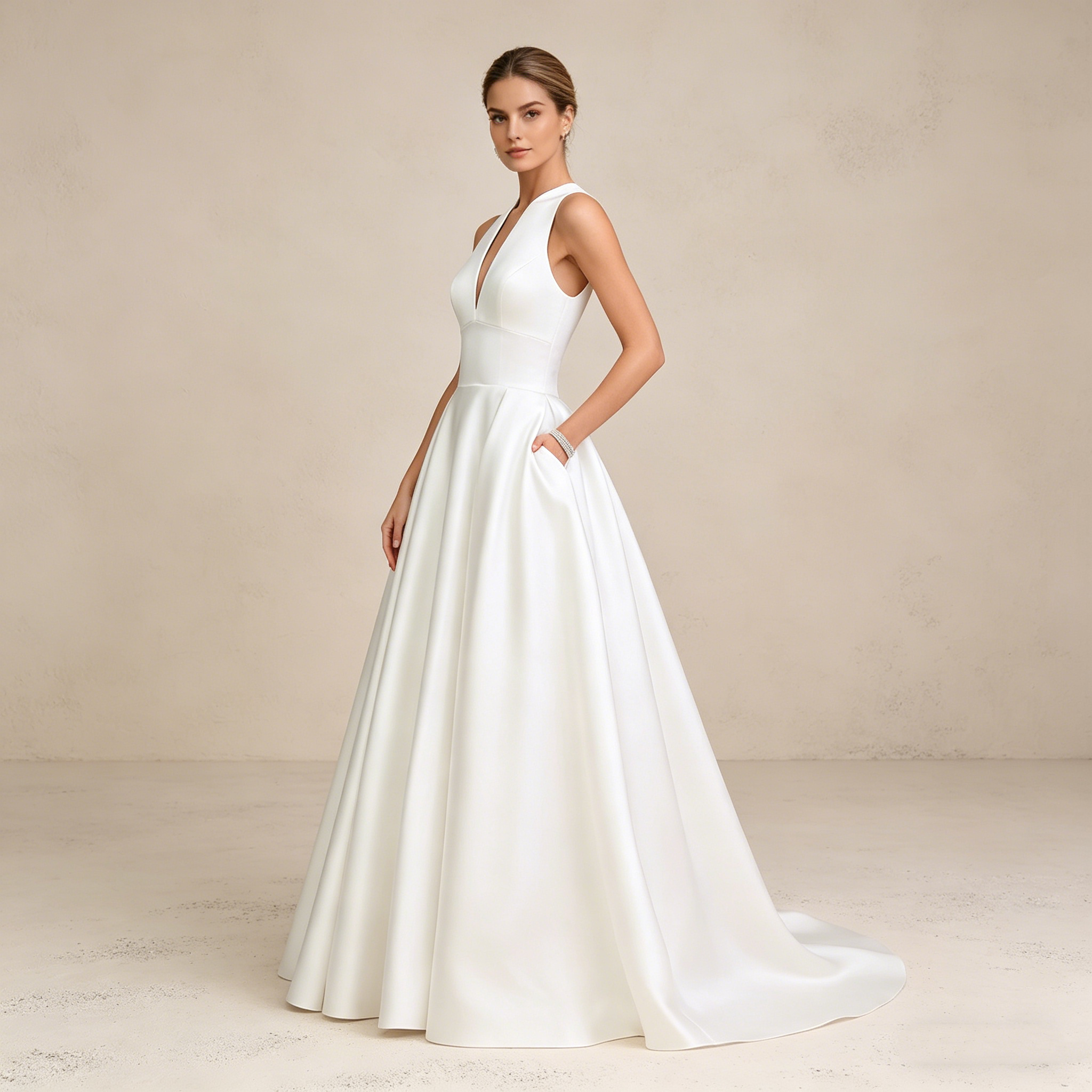 Minimalistisches Satin-Maxikleid mit V-Ausschnitt und Taschen – Elegantes Abendkleid in A-Linie (Reinweiß)