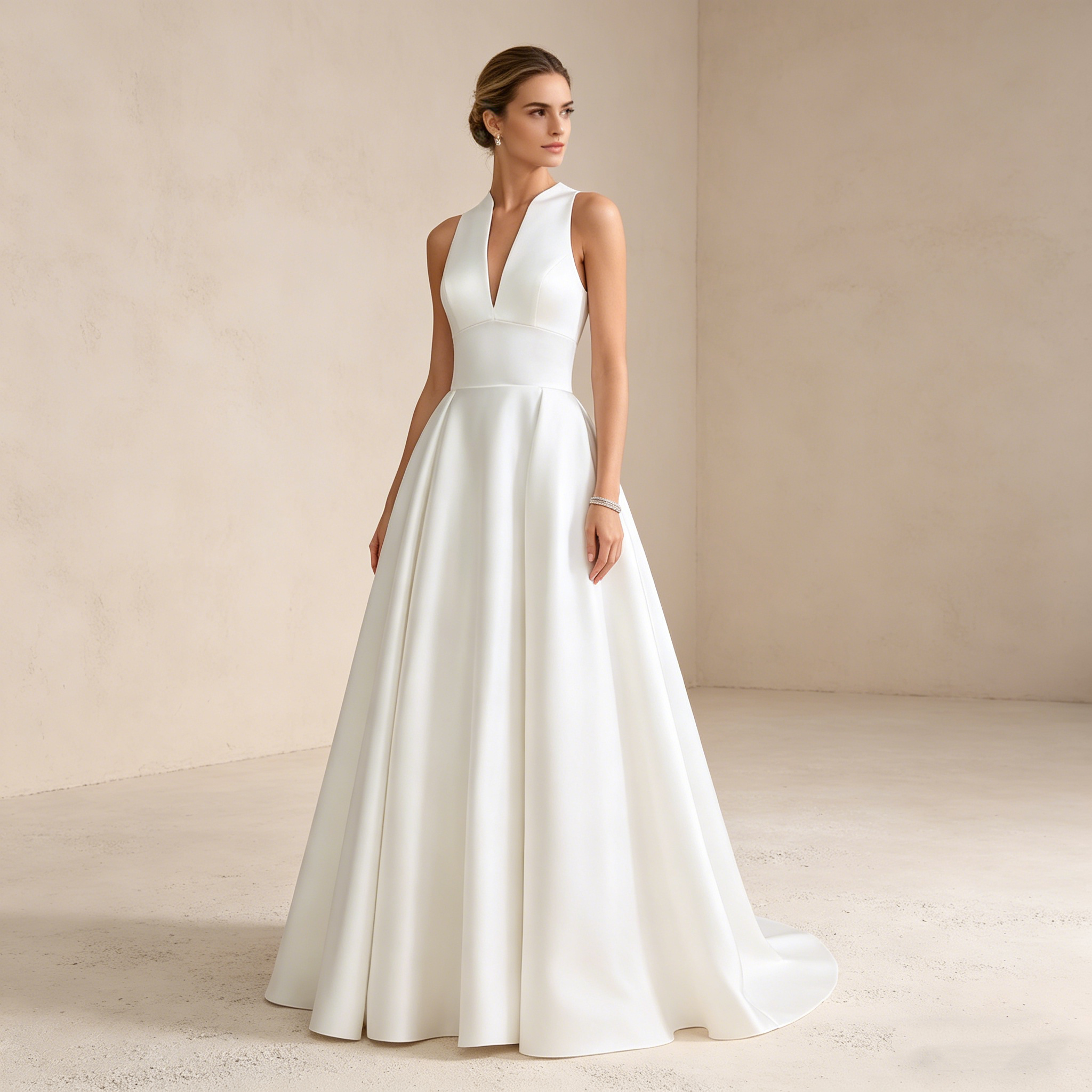 Minimalistisches Satin-Maxikleid mit V-Ausschnitt und Taschen – Elegantes Abendkleid in A-Linie (Reinweiß)