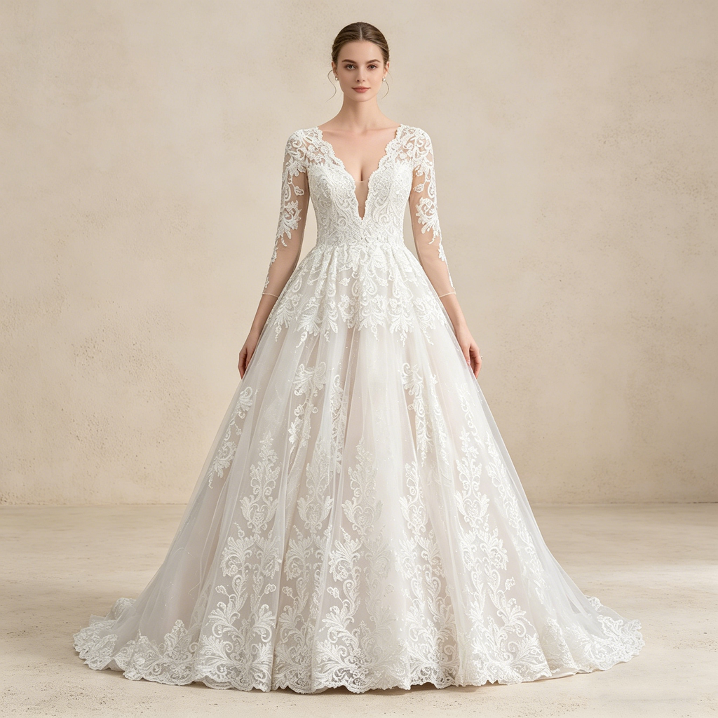 Prachtvolles Abendkleid mit V-Ausschnitt und floraler Bestickung – Langärmeliges Maxikleid in A-Linie (Elfenbein)