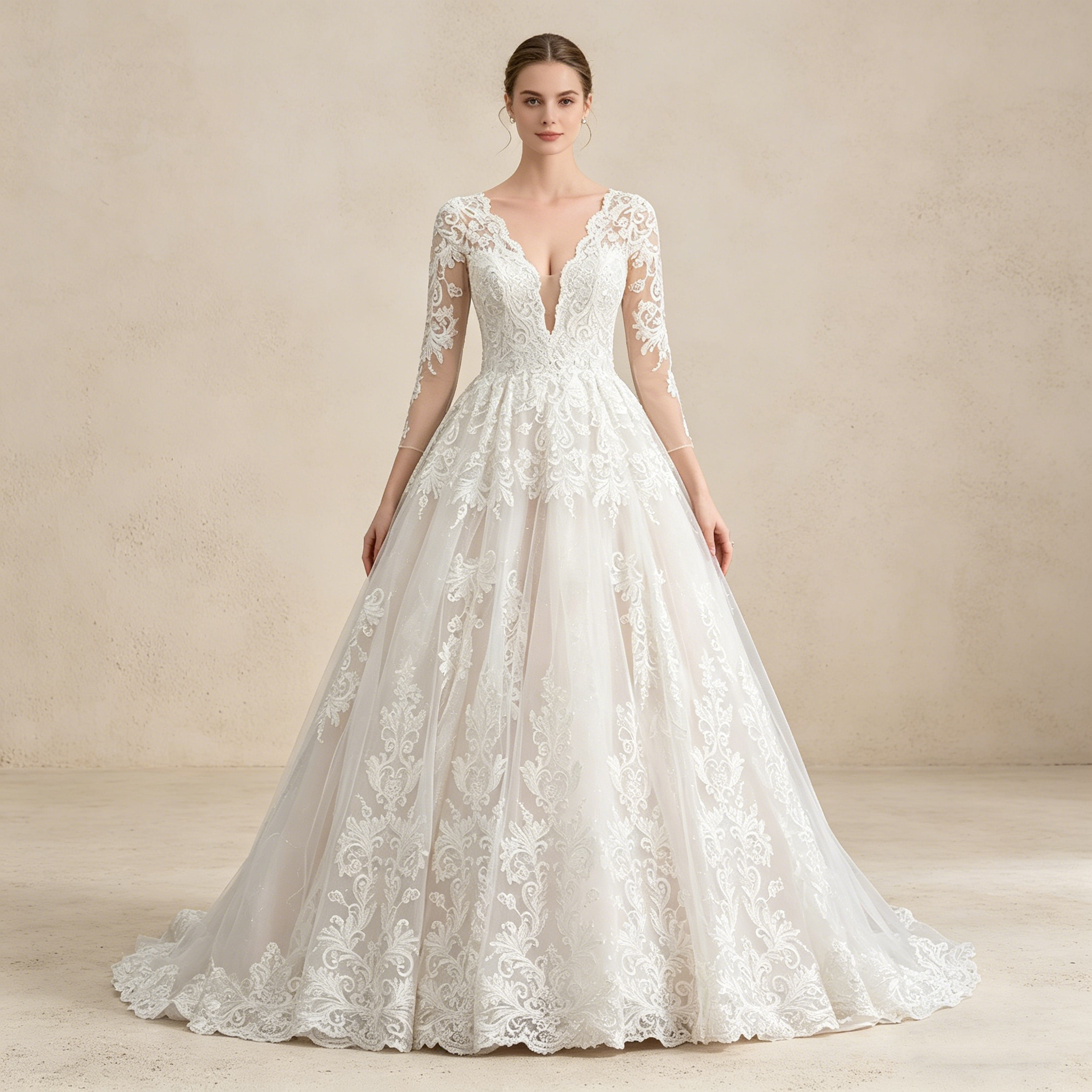 Prachtvolles Abendkleid mit V-Ausschnitt und floraler Bestickung – Langärmeliges Maxikleid in A-Linie (Elfenbein)
