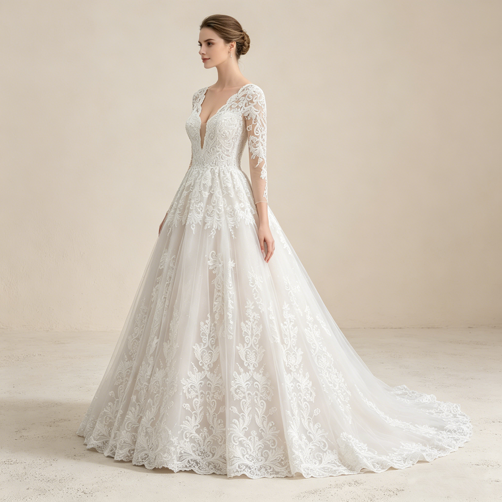 Prachtvolles Abendkleid mit V-Ausschnitt und floraler Bestickung – Langärmeliges Maxikleid in A-Linie (Elfenbein)