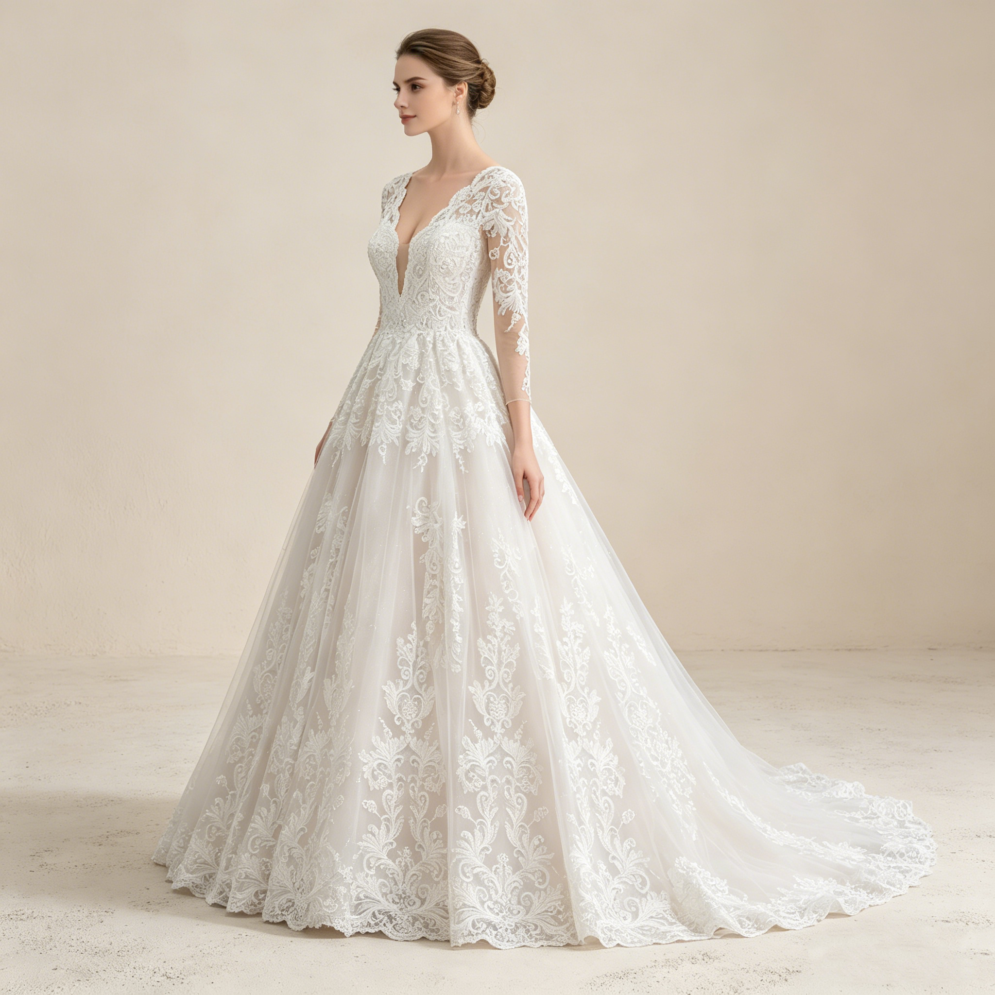 Prachtvolles Abendkleid mit V-Ausschnitt und floraler Bestickung – Langärmeliges Maxikleid in A-Linie (Elfenbein)