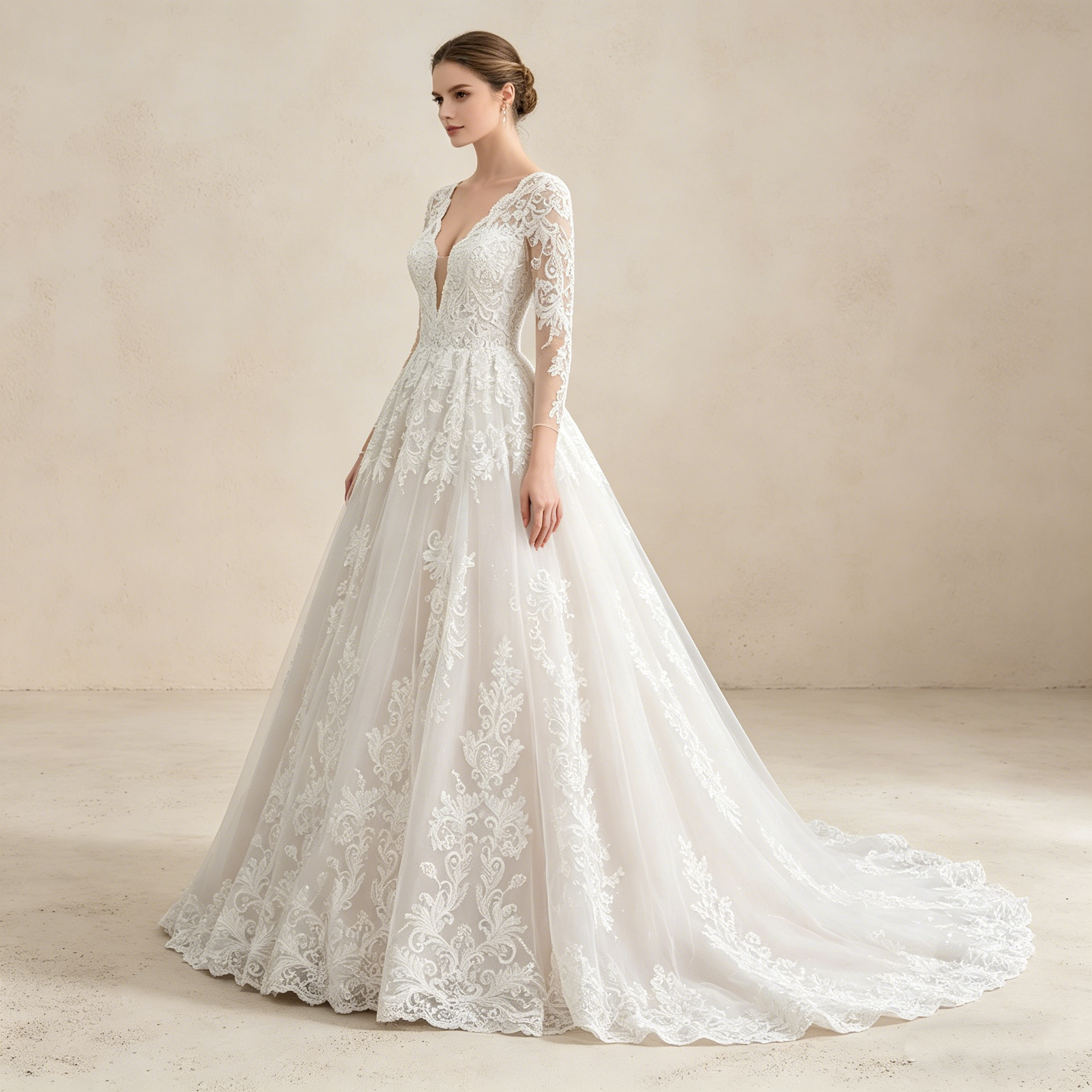 Prachtvolles Abendkleid mit V-Ausschnitt und floraler Bestickung – Langärmeliges Maxikleid in A-Linie (Elfenbein)