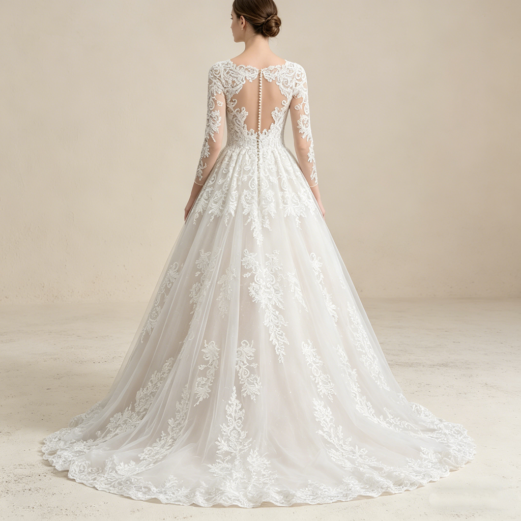 Prachtvolles Abendkleid mit V-Ausschnitt und floraler Bestickung – Langärmeliges Maxikleid in A-Linie (Elfenbein)