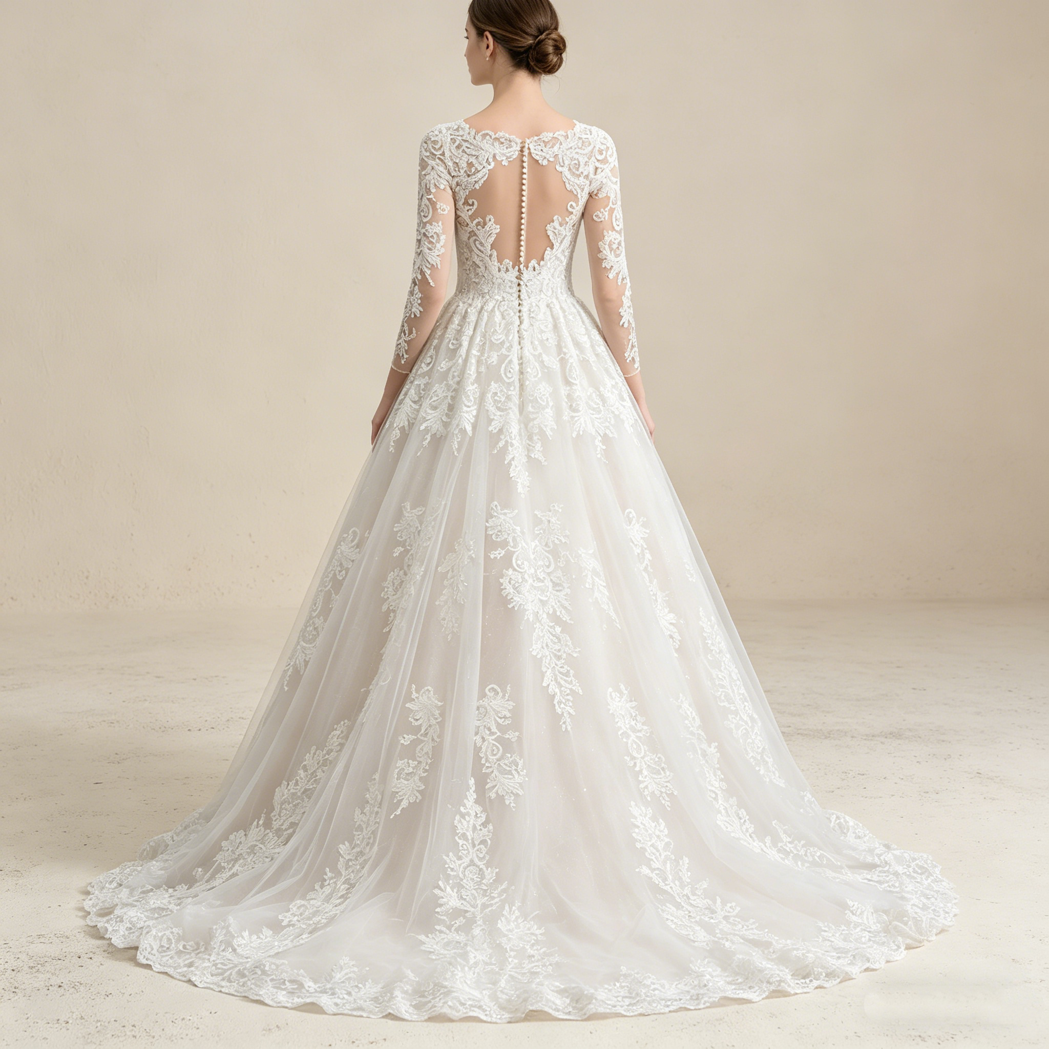 Prachtvolles Abendkleid mit V-Ausschnitt und floraler Bestickung – Langärmeliges Maxikleid in A-Linie (Elfenbein)