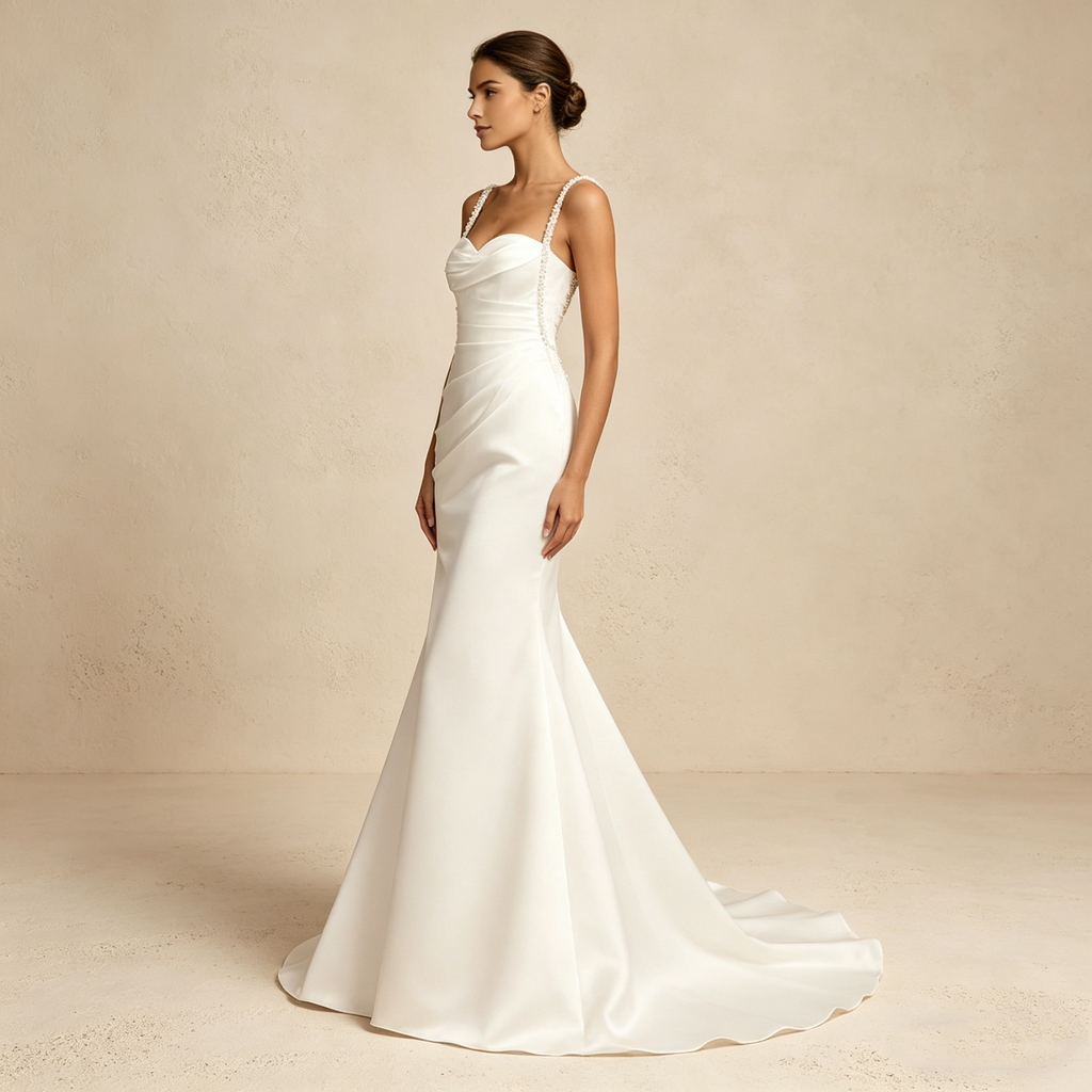Elegantes Maxikleid mit tiefem V-Ausschnitt und filigraner Spitze – Langärmeliges Abendkleid in Elfenbein