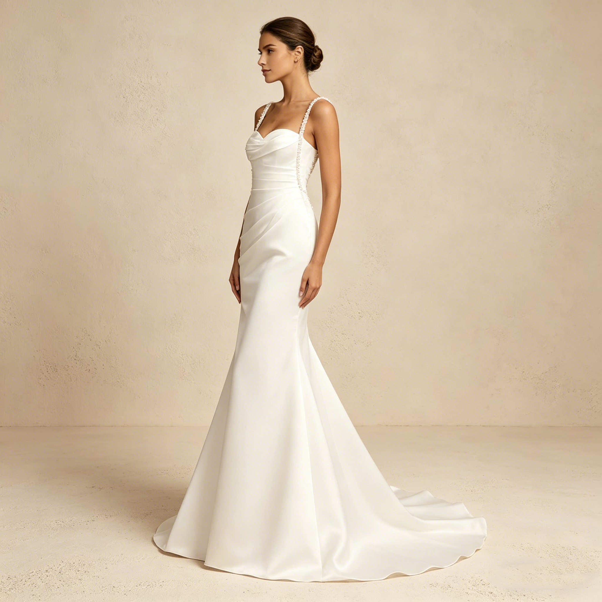 Elegantes Maxikleid mit tiefem V-Ausschnitt und filigraner Spitze – Langärmeliges Abendkleid in Elfenbein